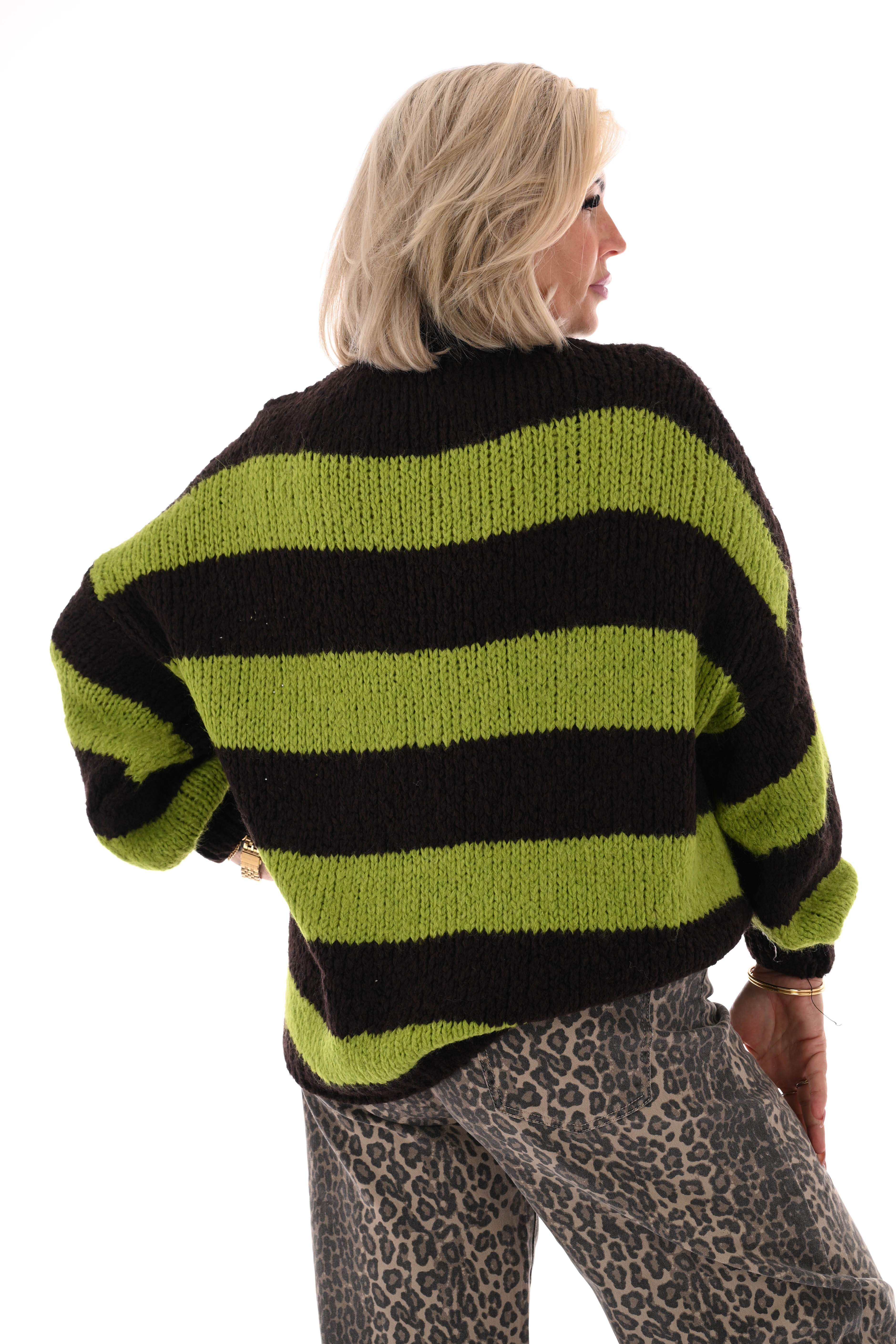 Grof gebreide trui strepen lime/donkerbruin