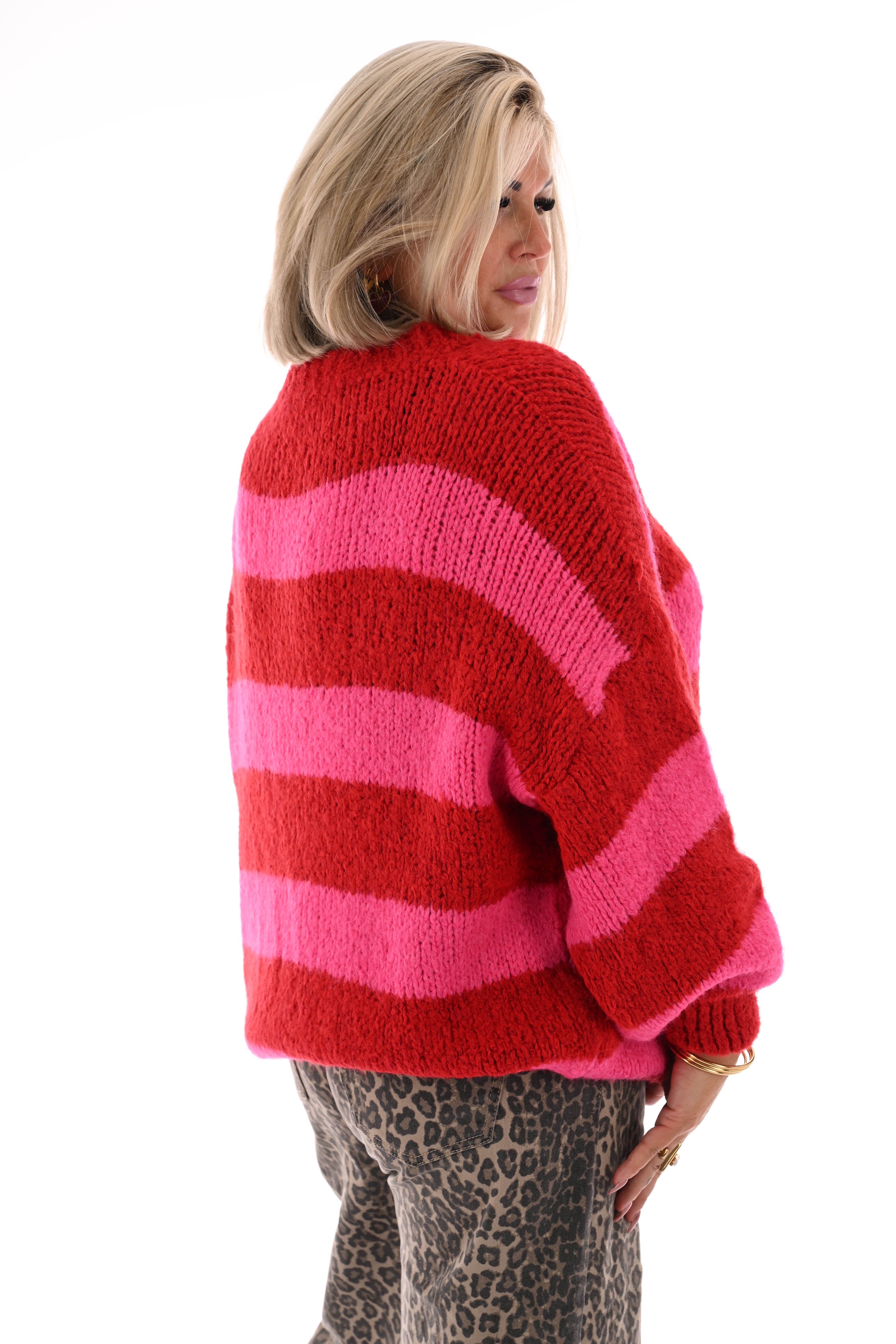 Grof gebreide trui strepen rood/felroze
