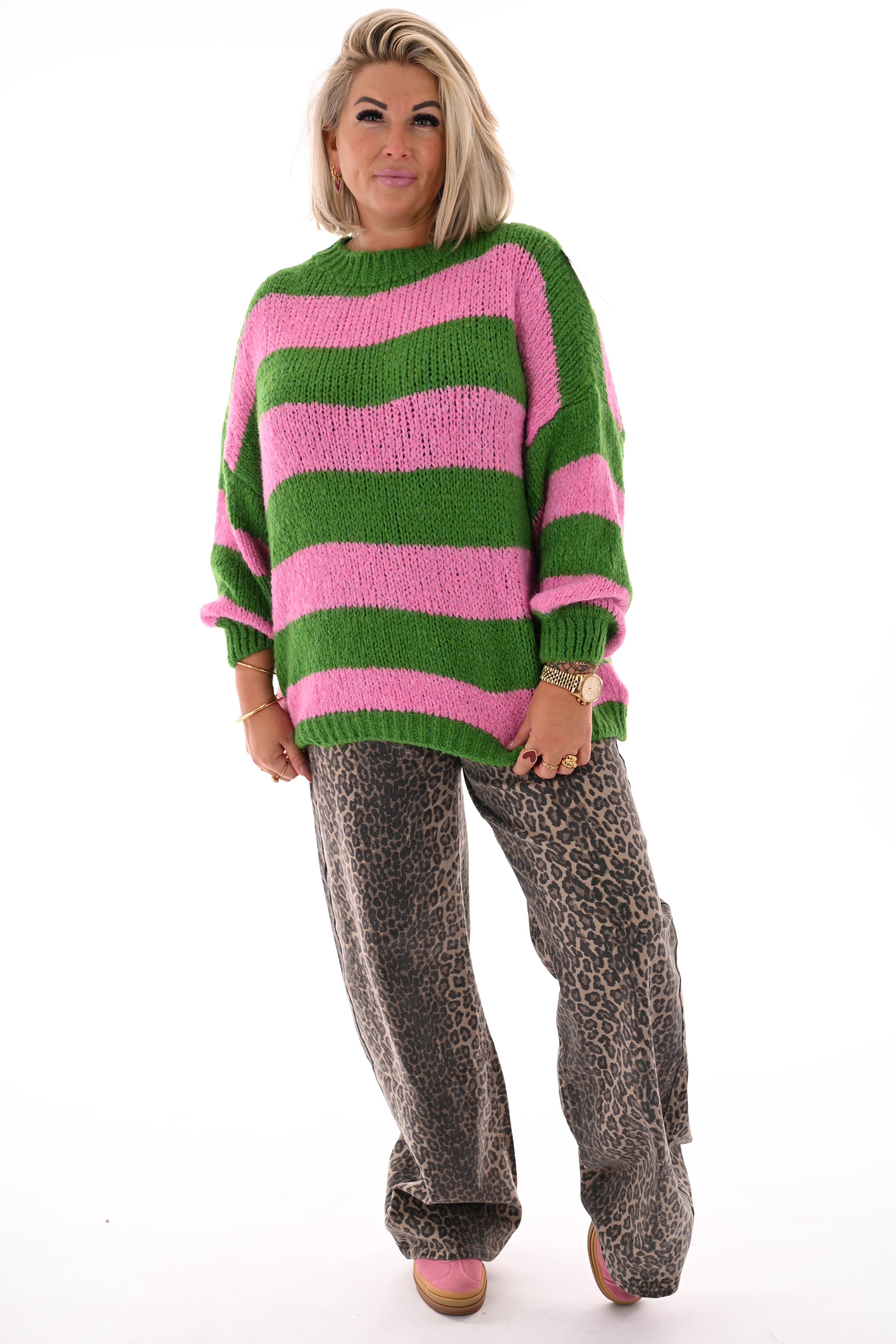 Grof gebreide trui strepen groen/roze