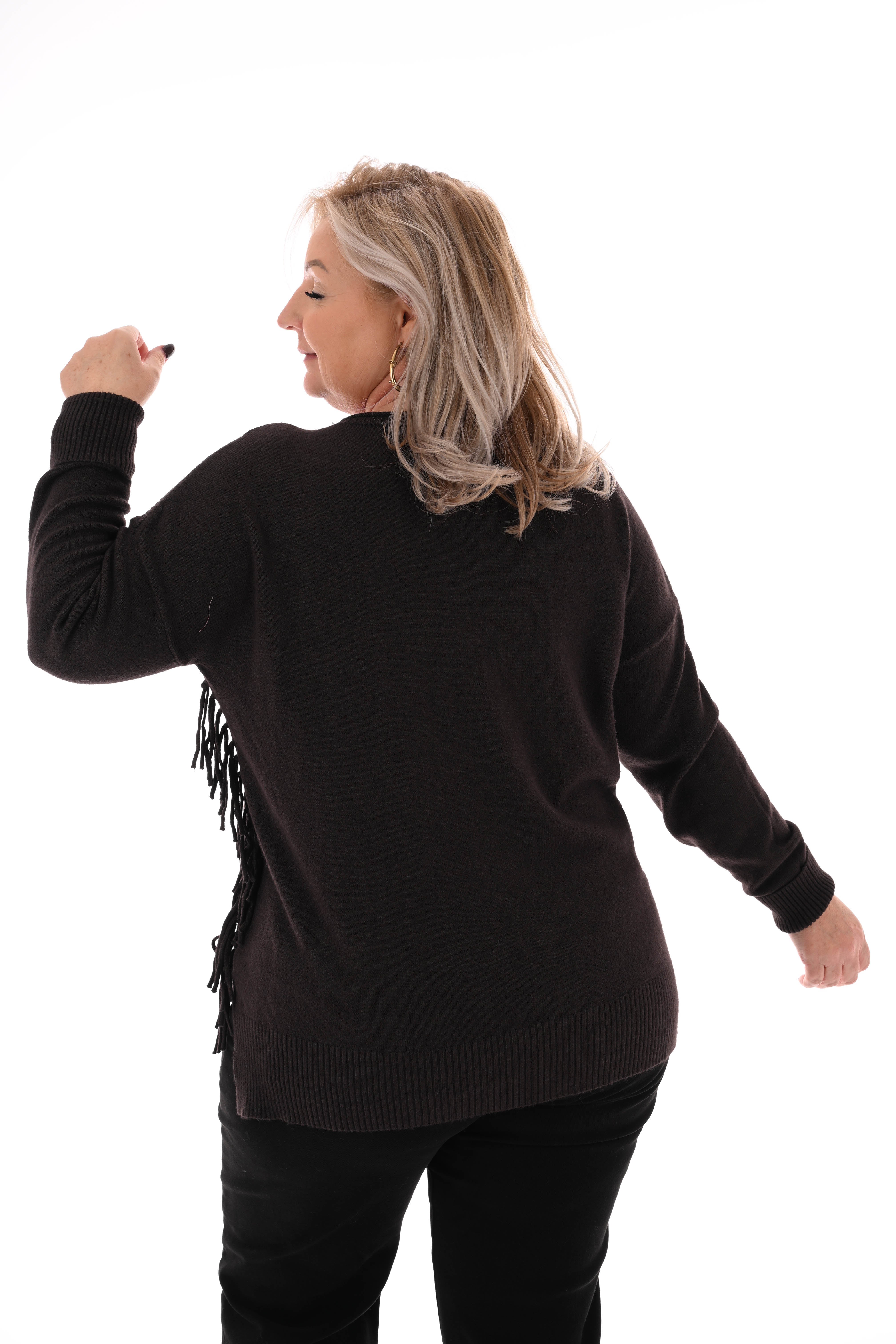 Trui zij franjes donkerbruin