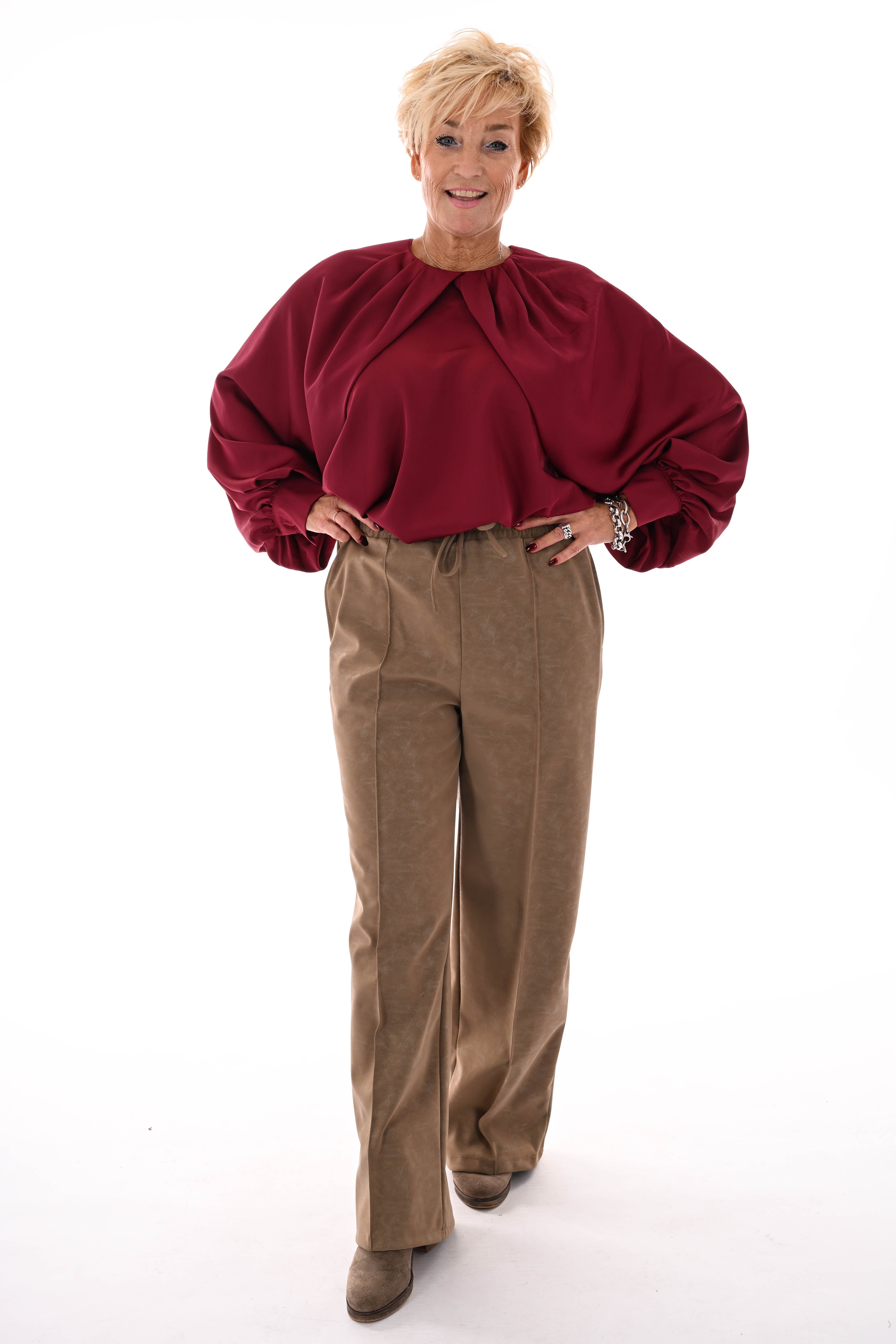 Leatherlook wide leg met elastieken band camel