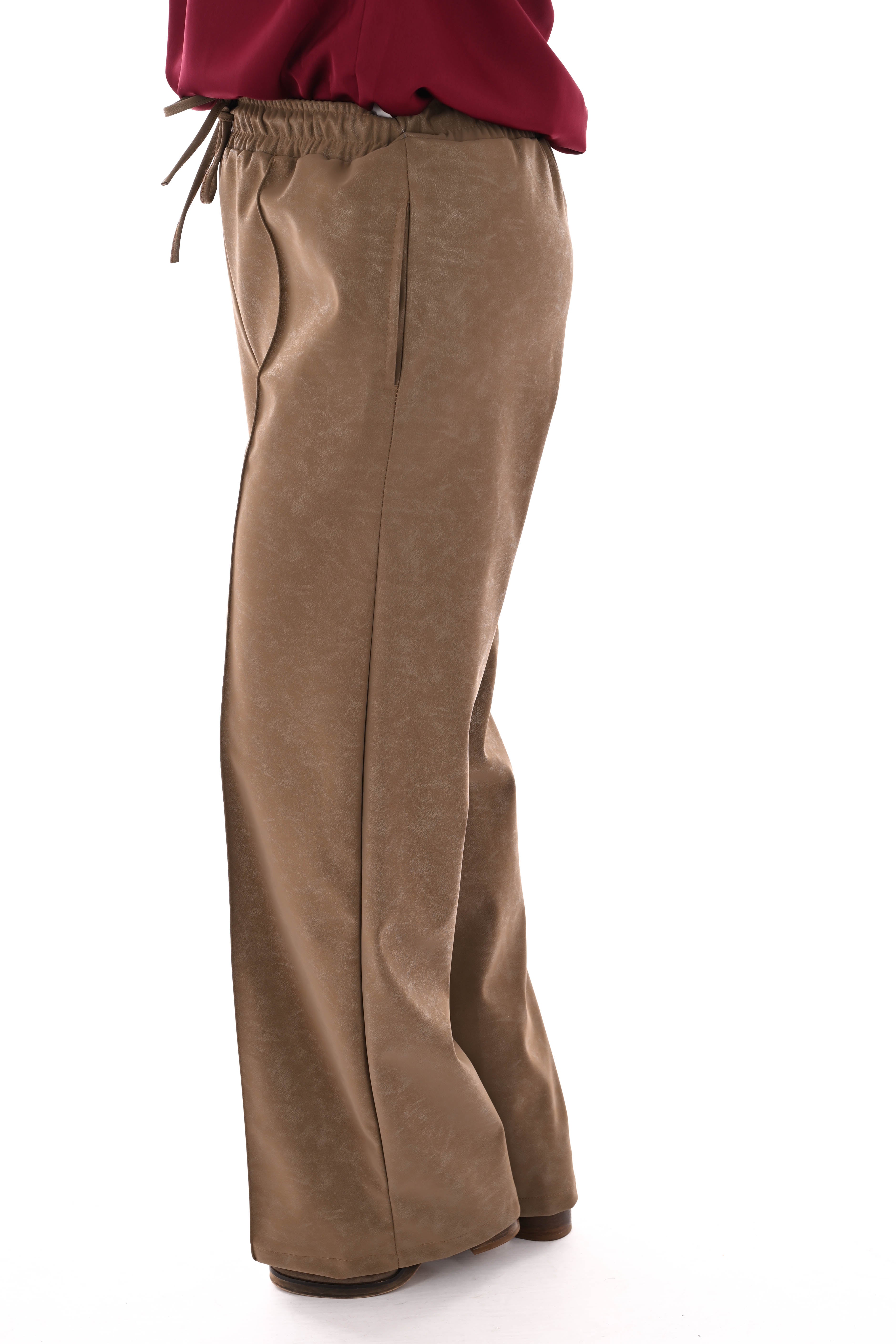 Leatherlook wide leg met elastieken band camel