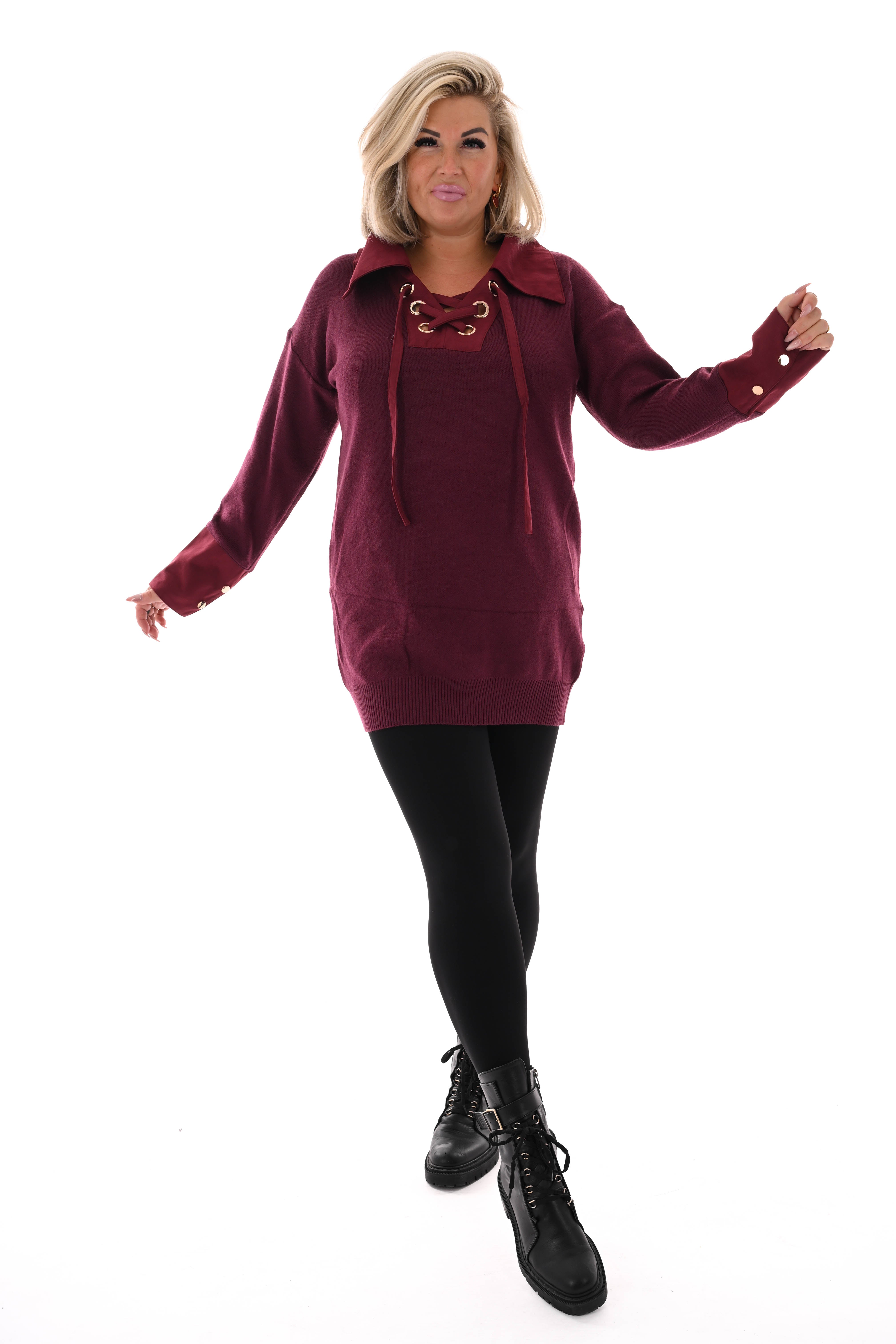 Tuniek veterhals met kraag bordeaux