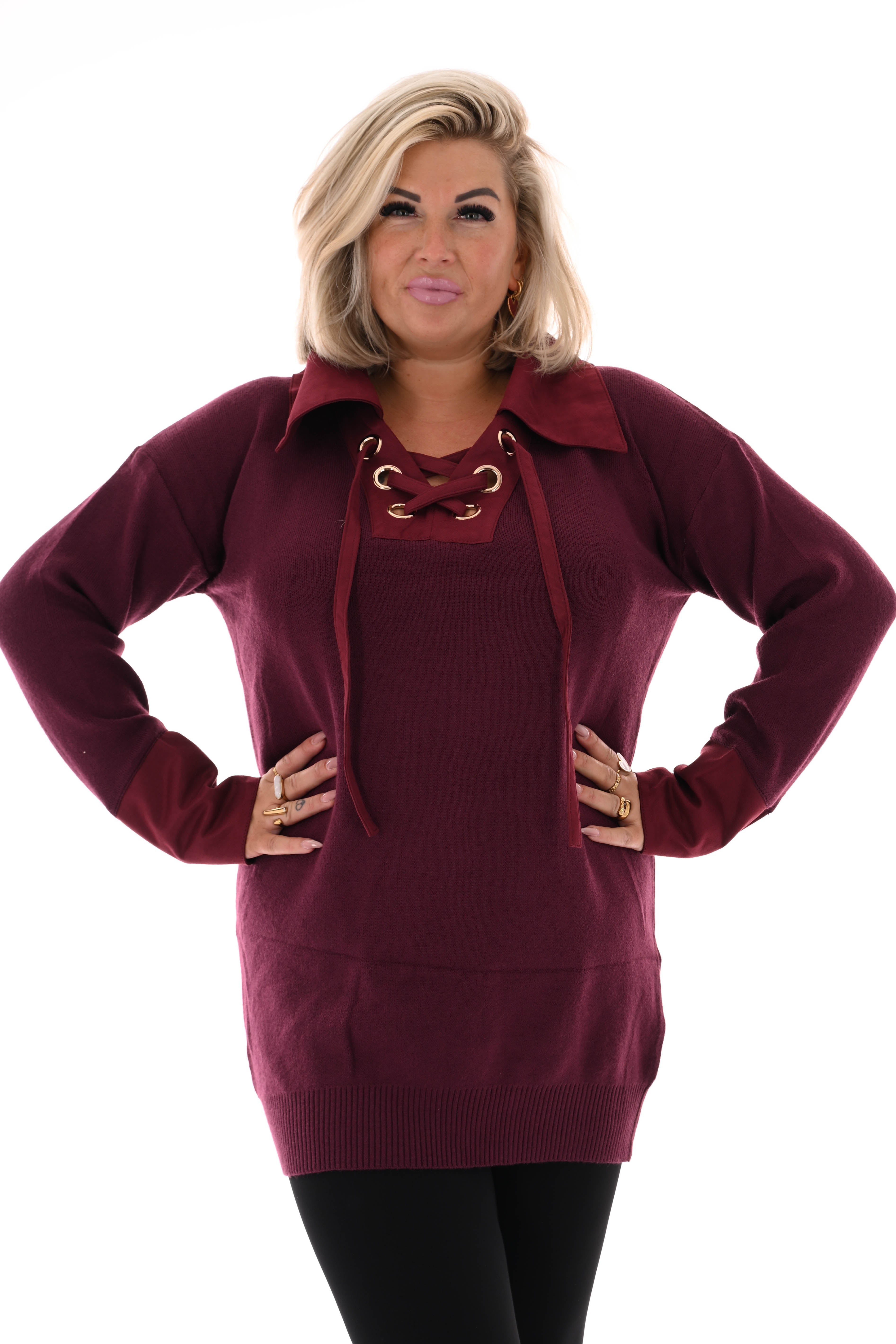 Tuniek veterhals met kraag bordeaux