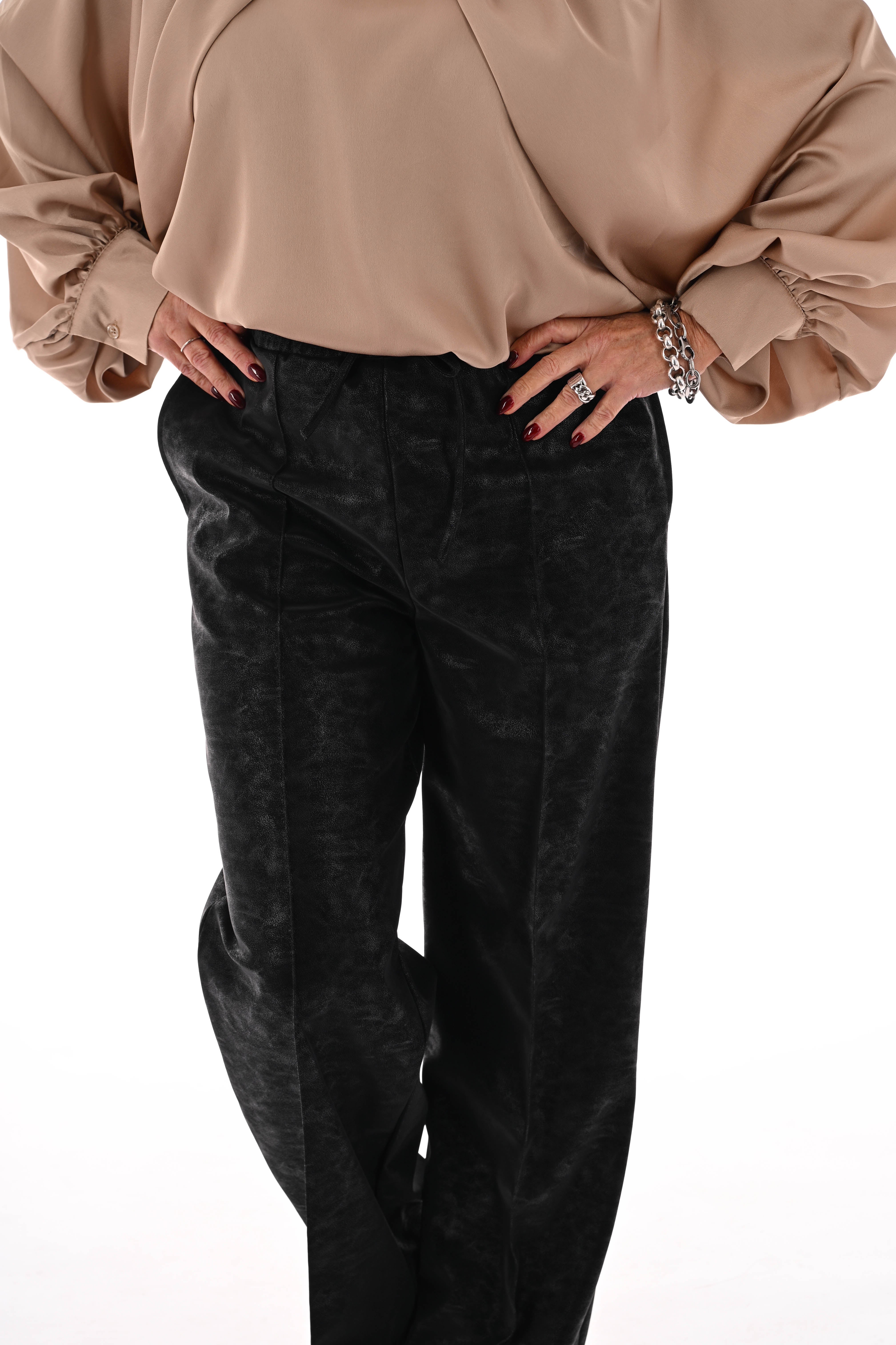 Leatherlook wide leg met elastieken band zwart