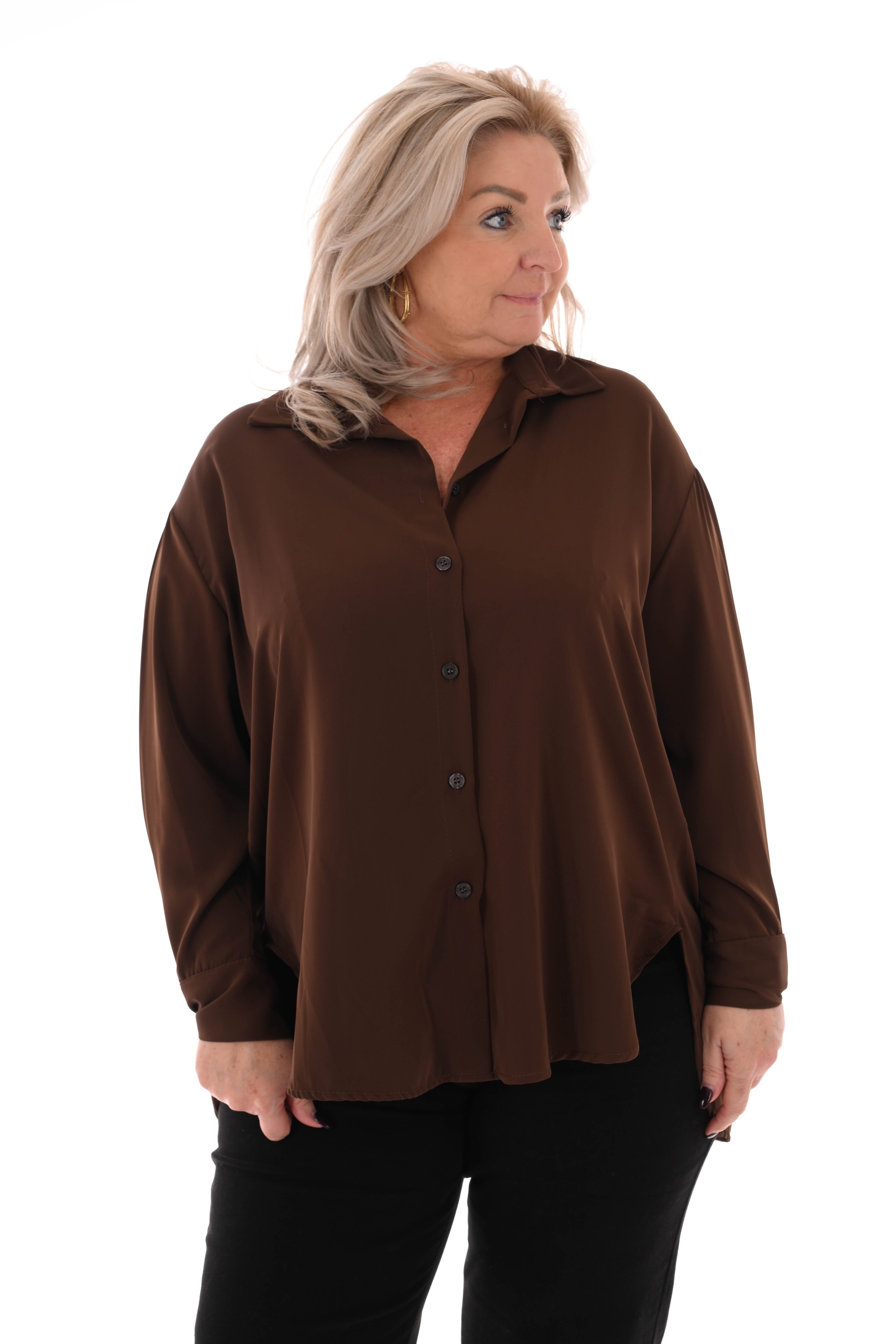 Doorknoop blouse uni bruin