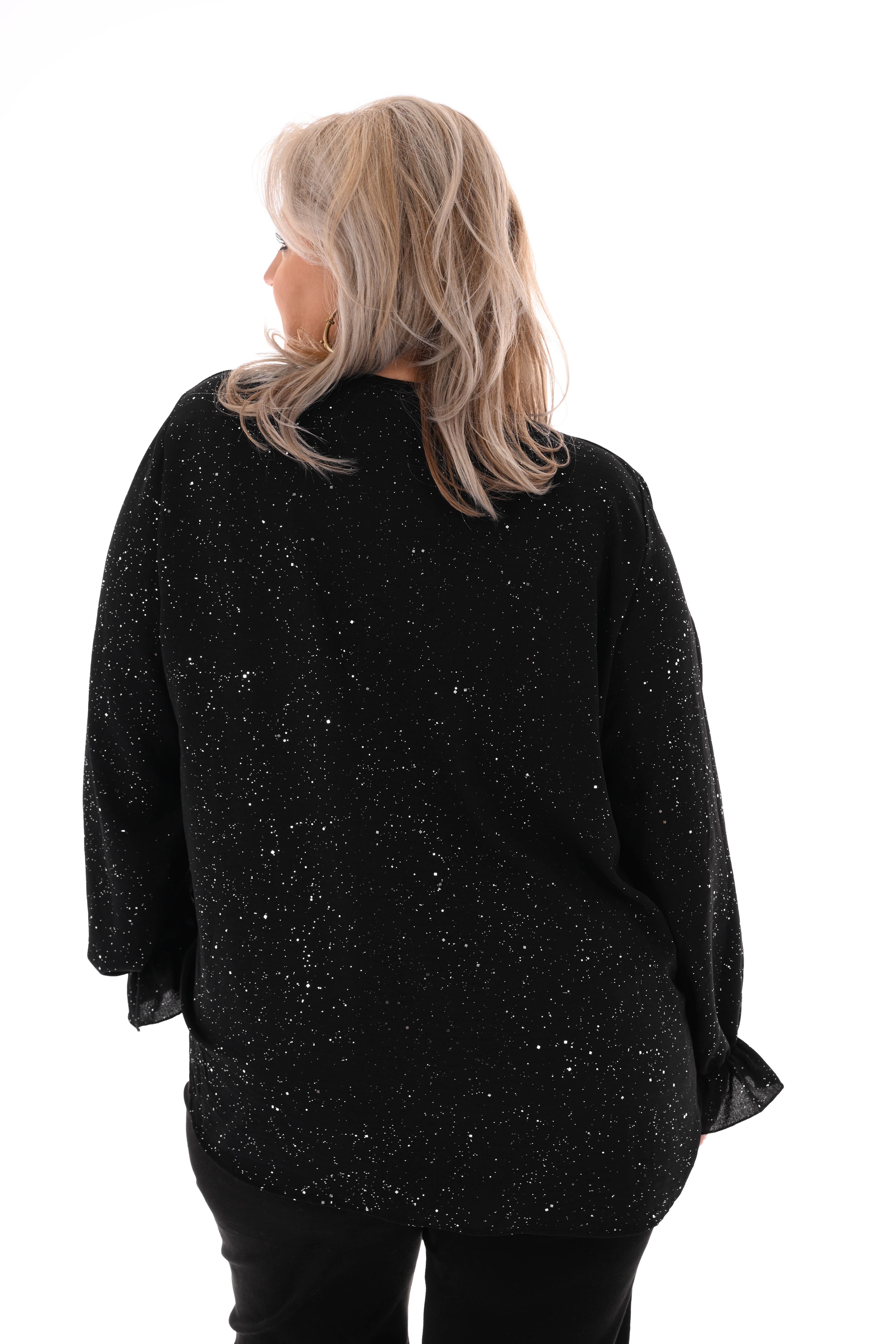 Blouse v-hals trompetmouwen zwart