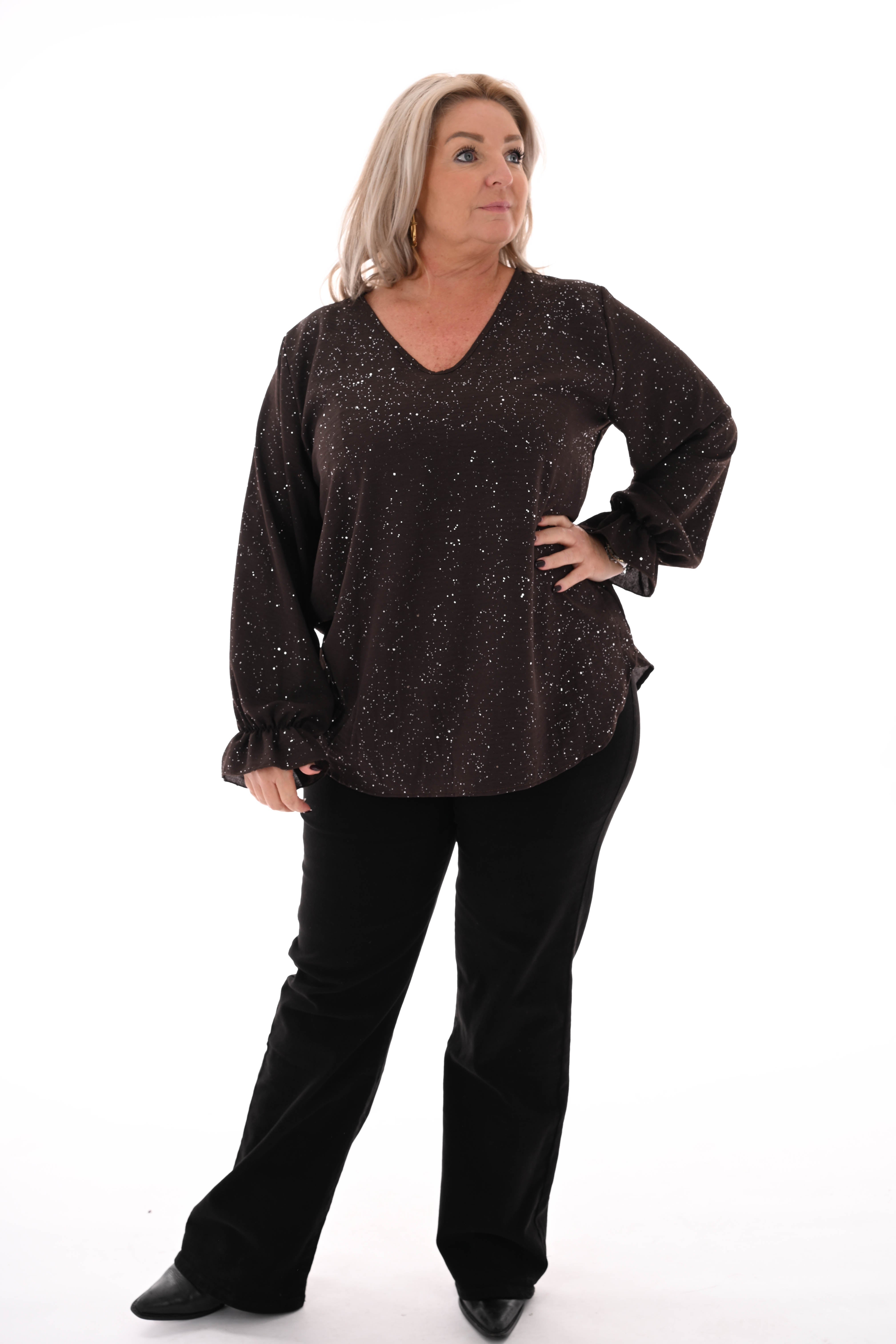 Blouse v-hals trompetmouwen donkerbruin