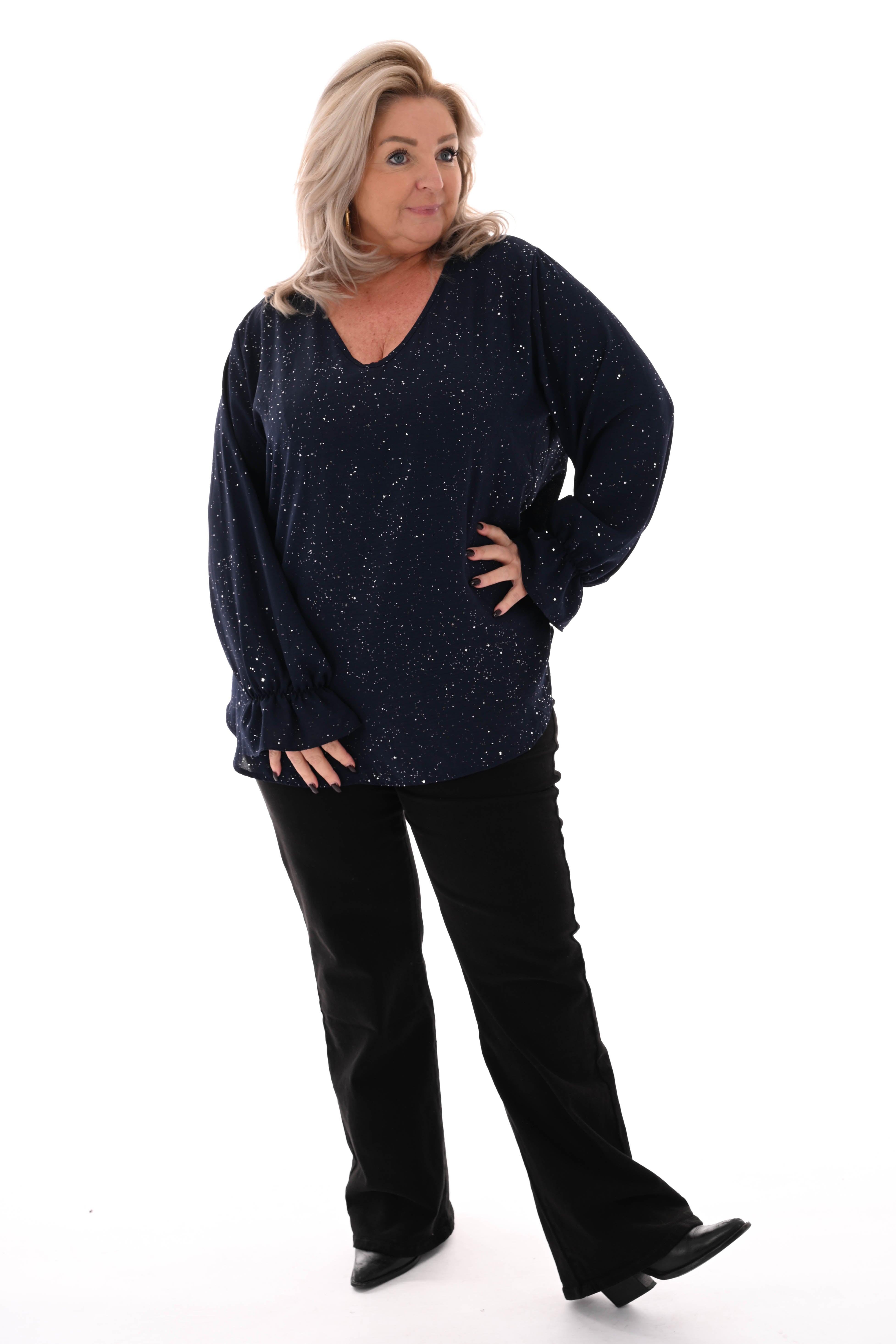 Blouse v-hals trompetmouwen marineblauw