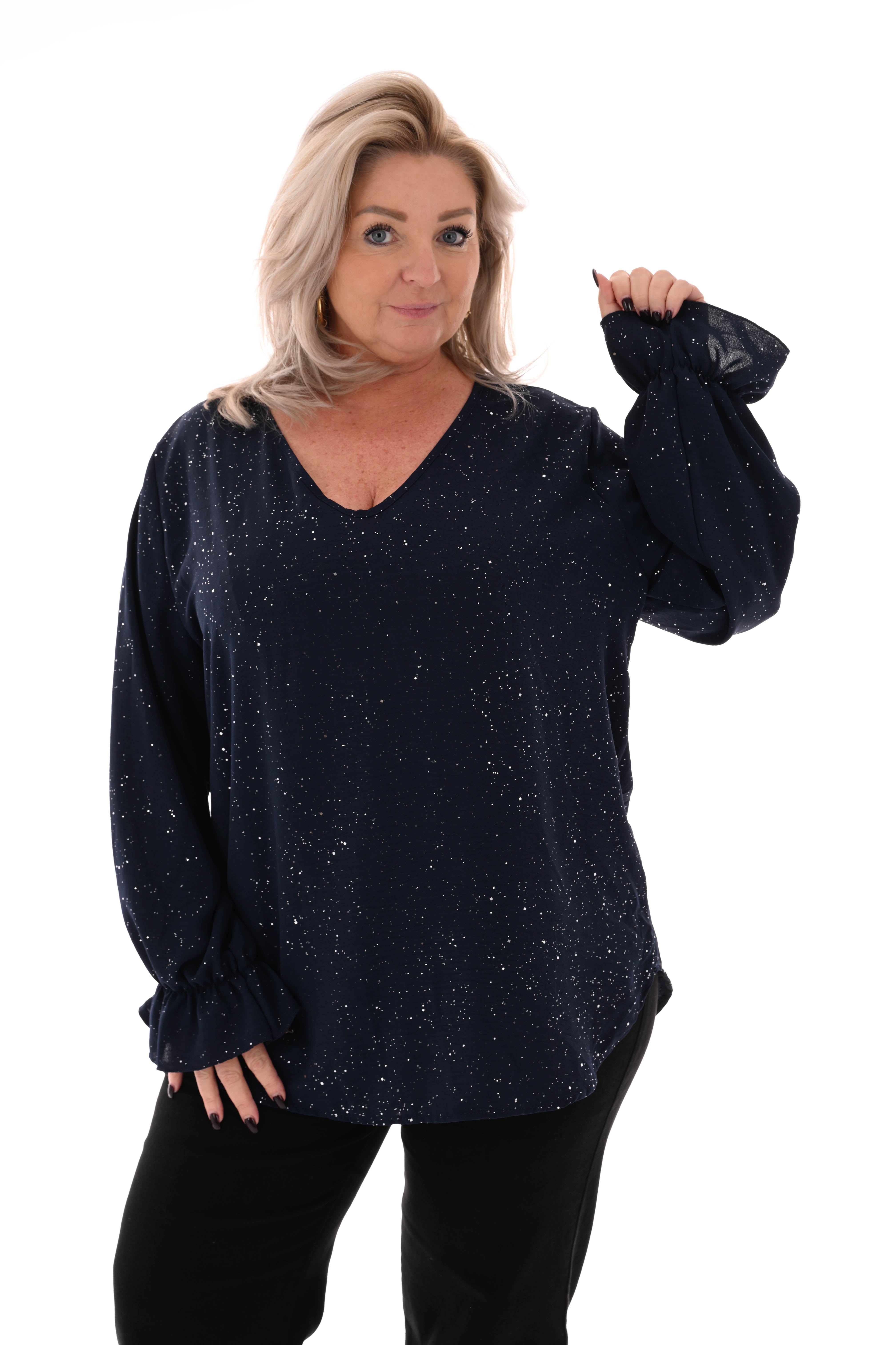 Blouse v-hals trompetmouwen marineblauw