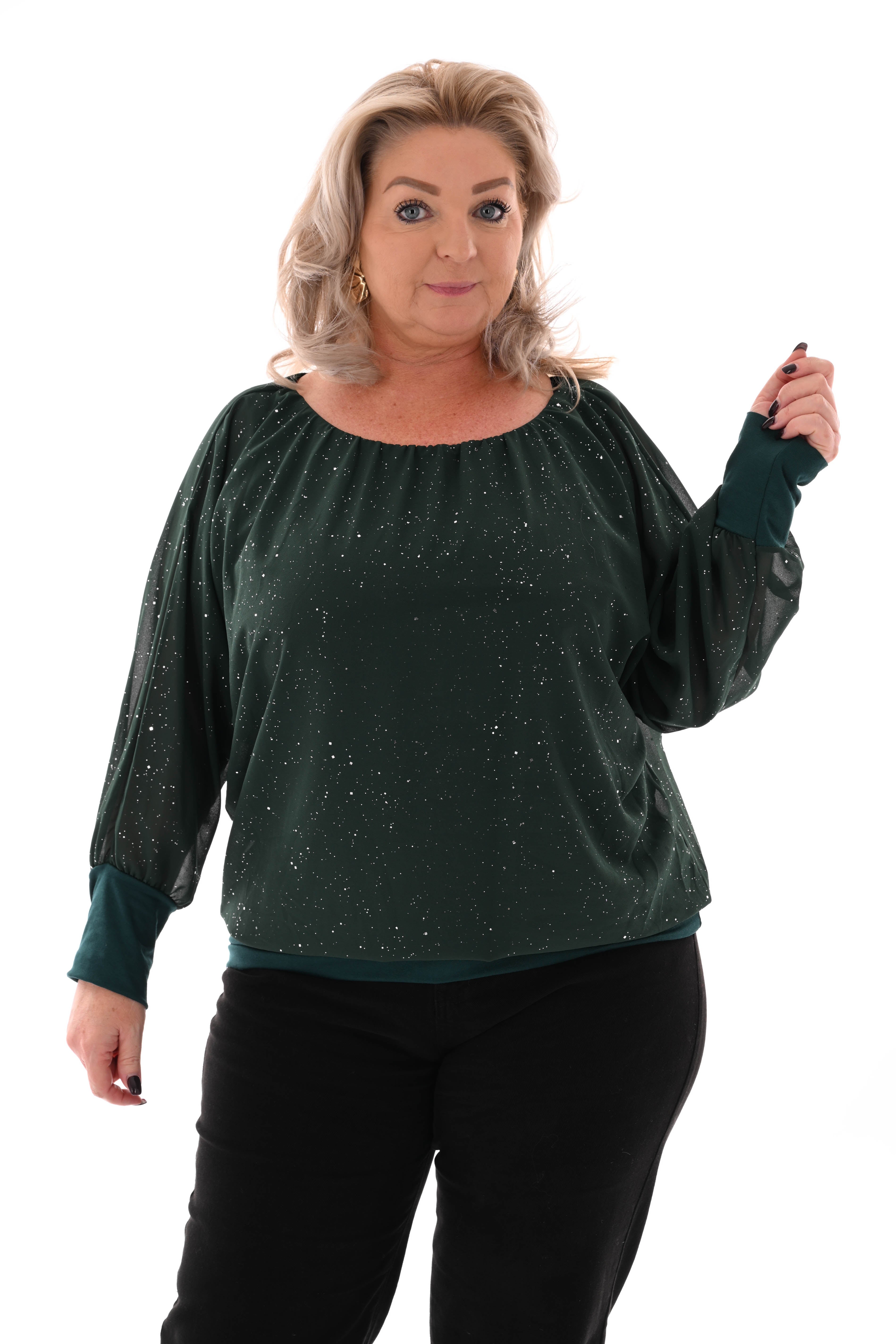 Ballon top lange mouwen glitter flessengroen