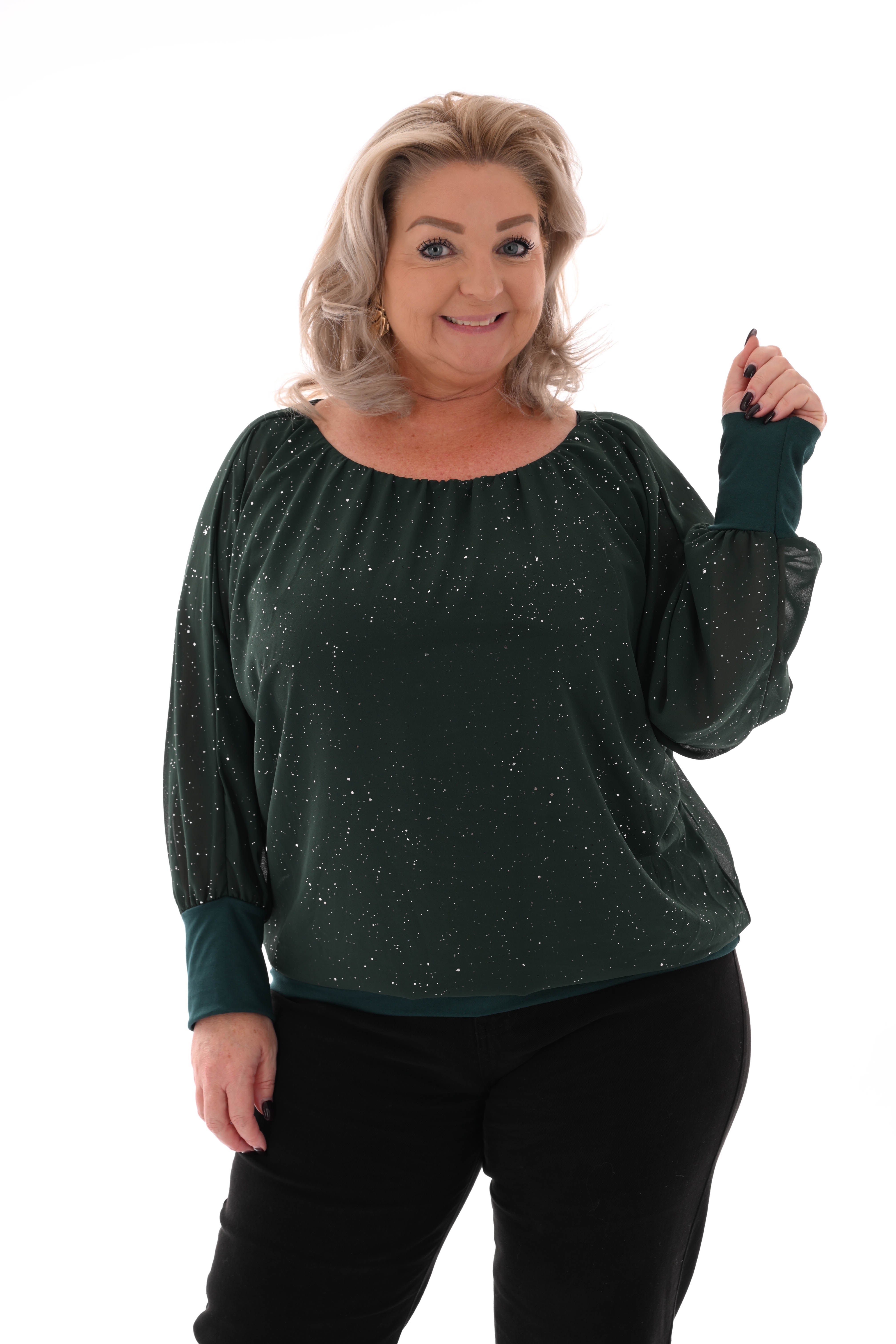 Ballon top lange mouwen glitter flessengroen