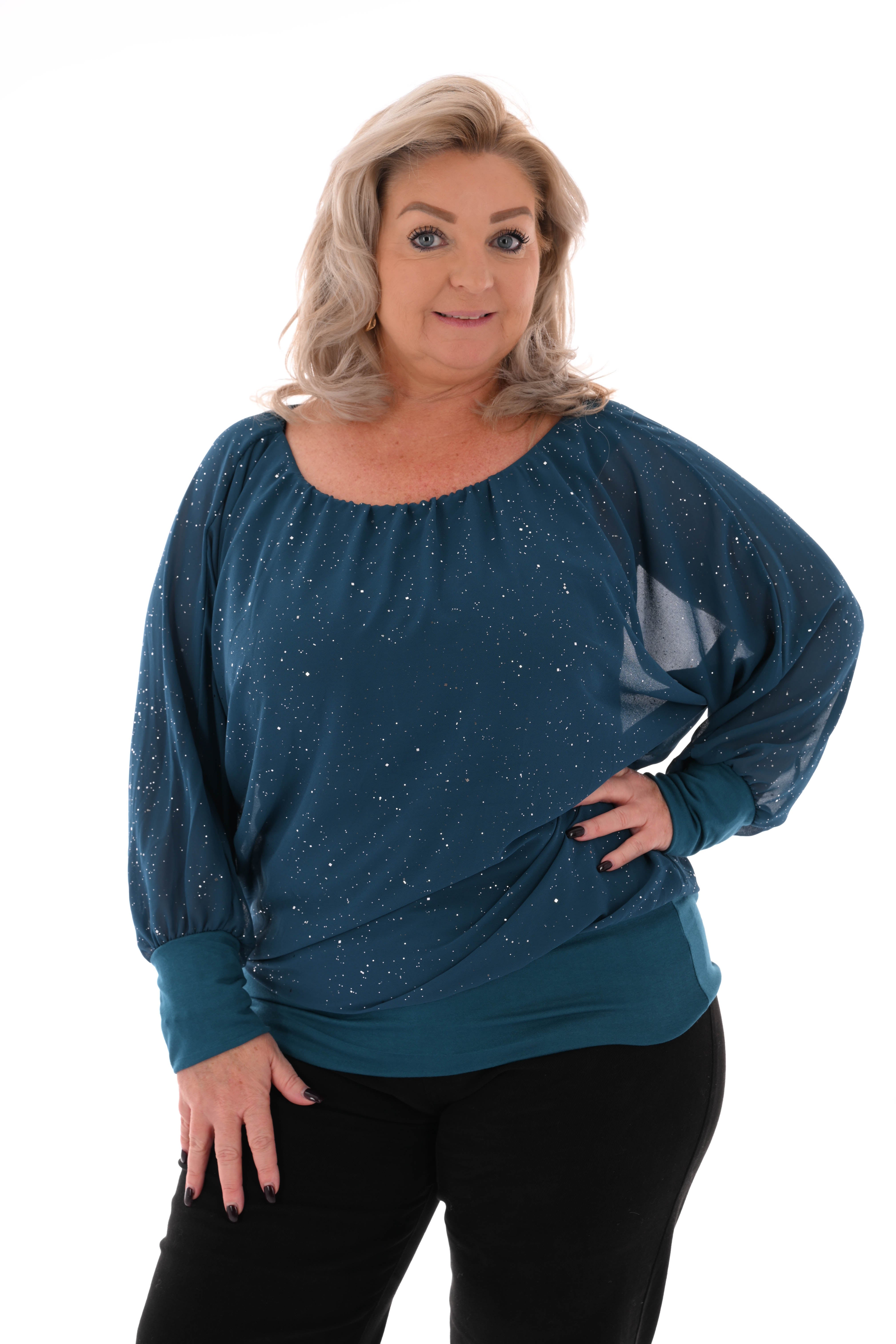 Ballon top lange mouwen glitter petrol