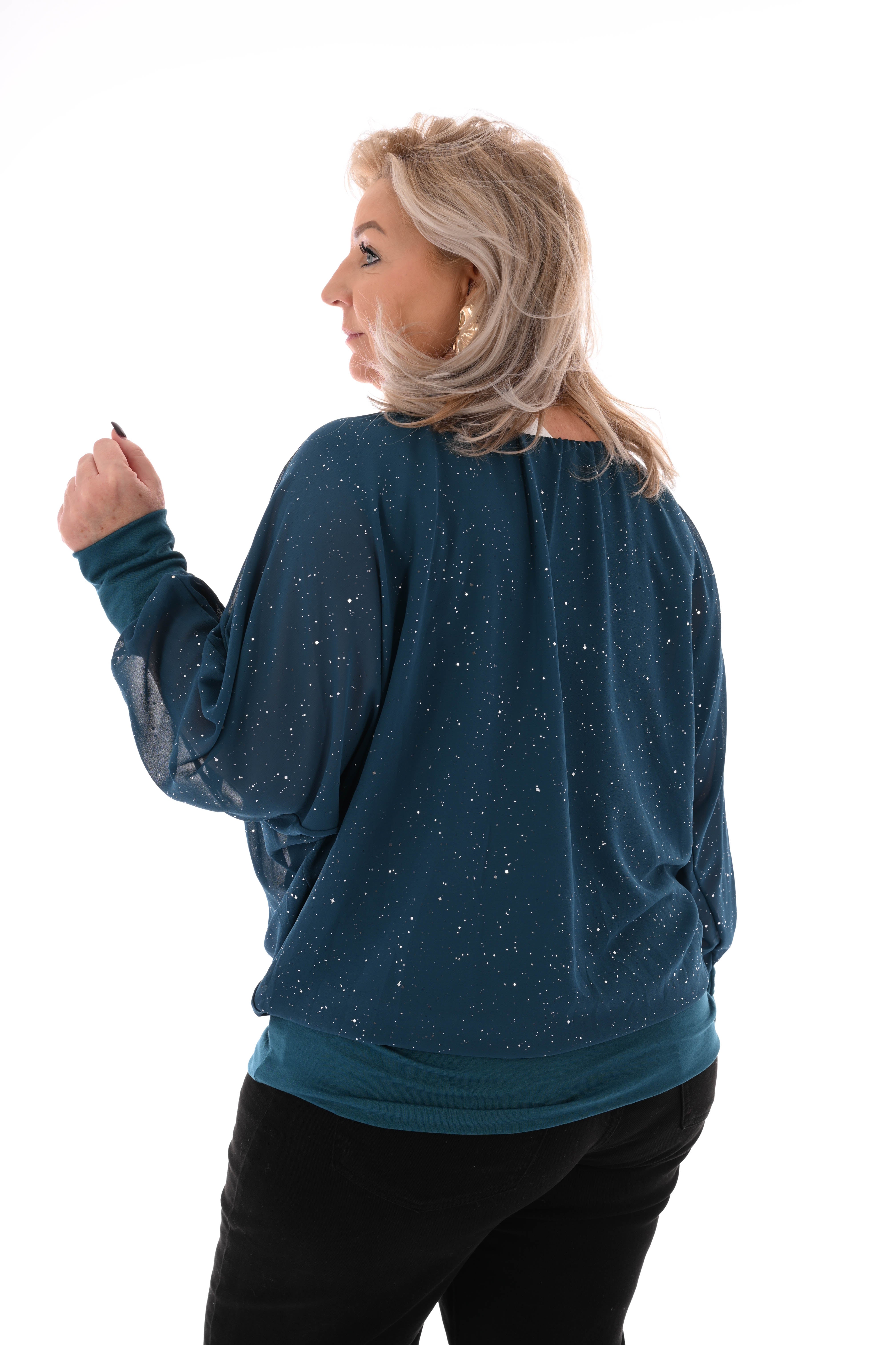 Ballon top lange mouwen glitter petrol