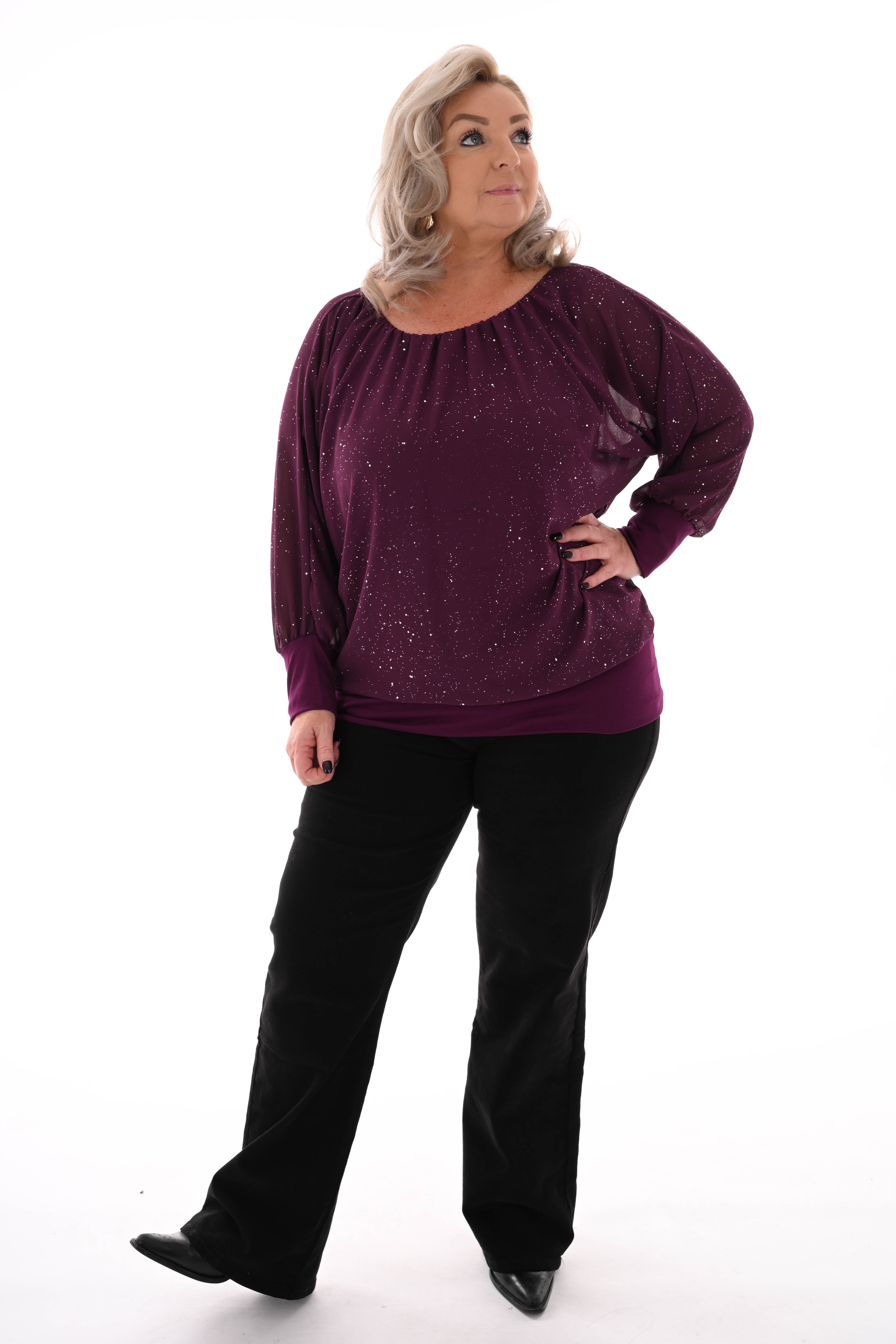 Ballon top lange mouwen glitter aubergine