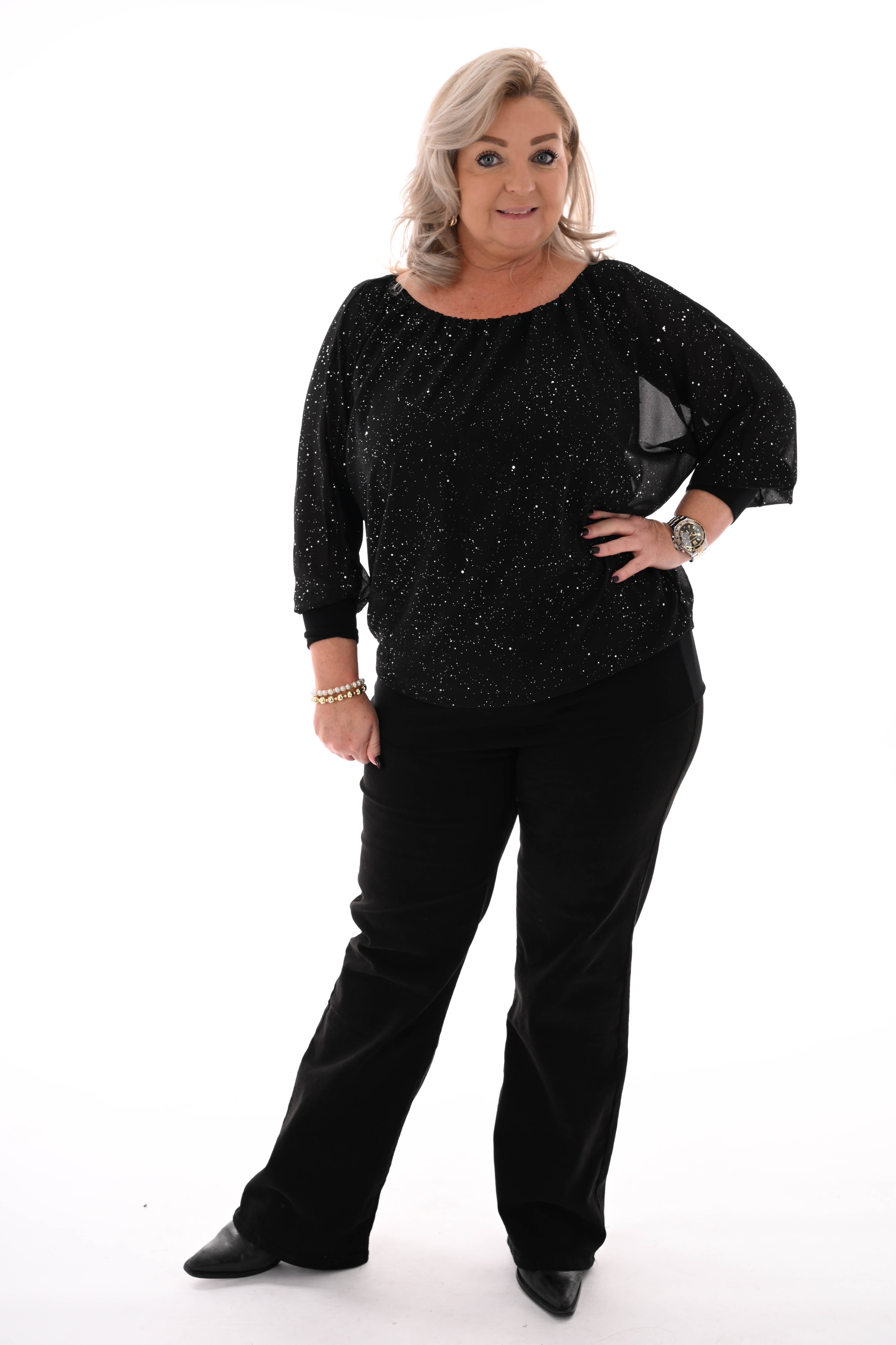 Ballon top lange mouwen glitter zwart