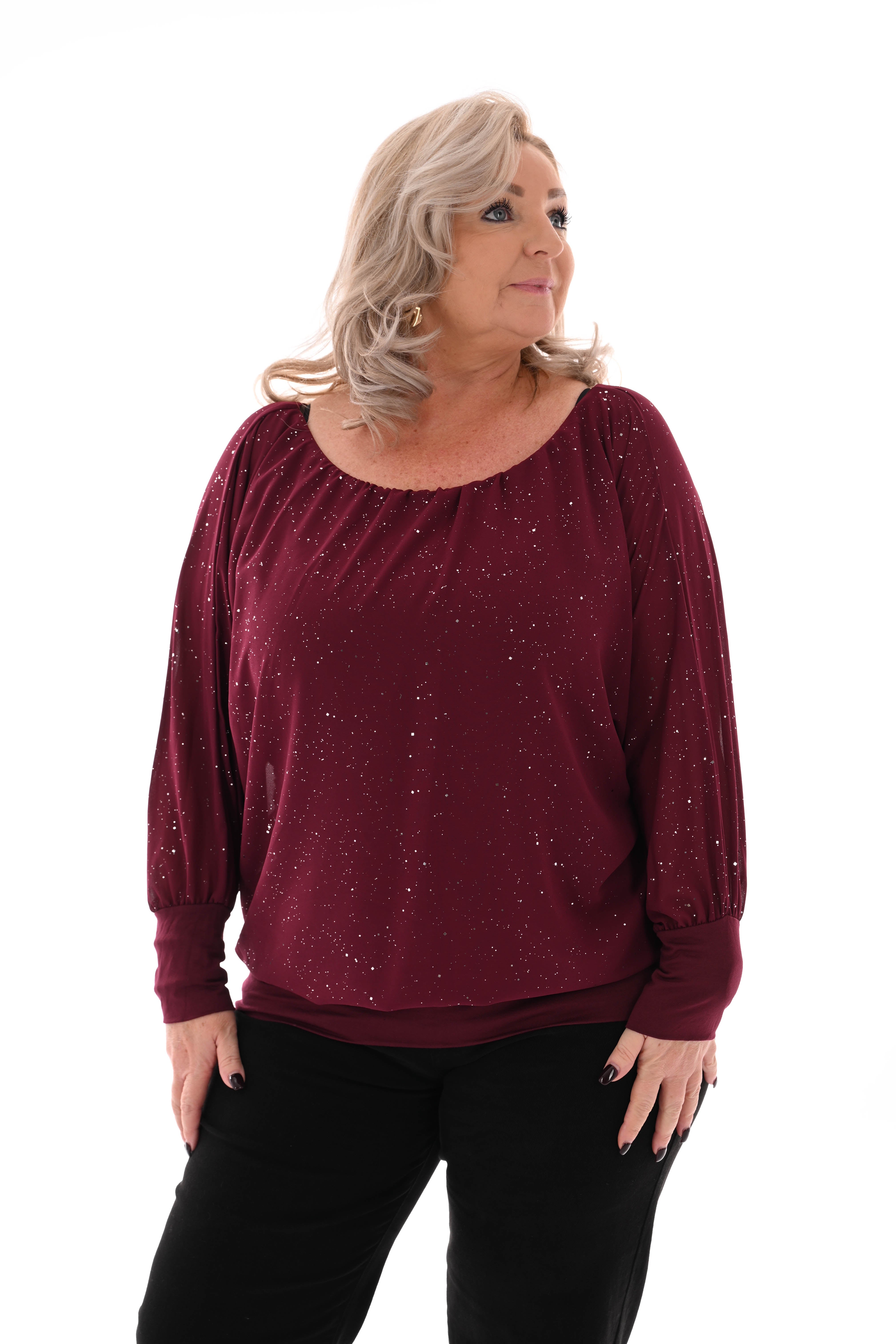Blouse v-hals trompetmouwen bordeaux