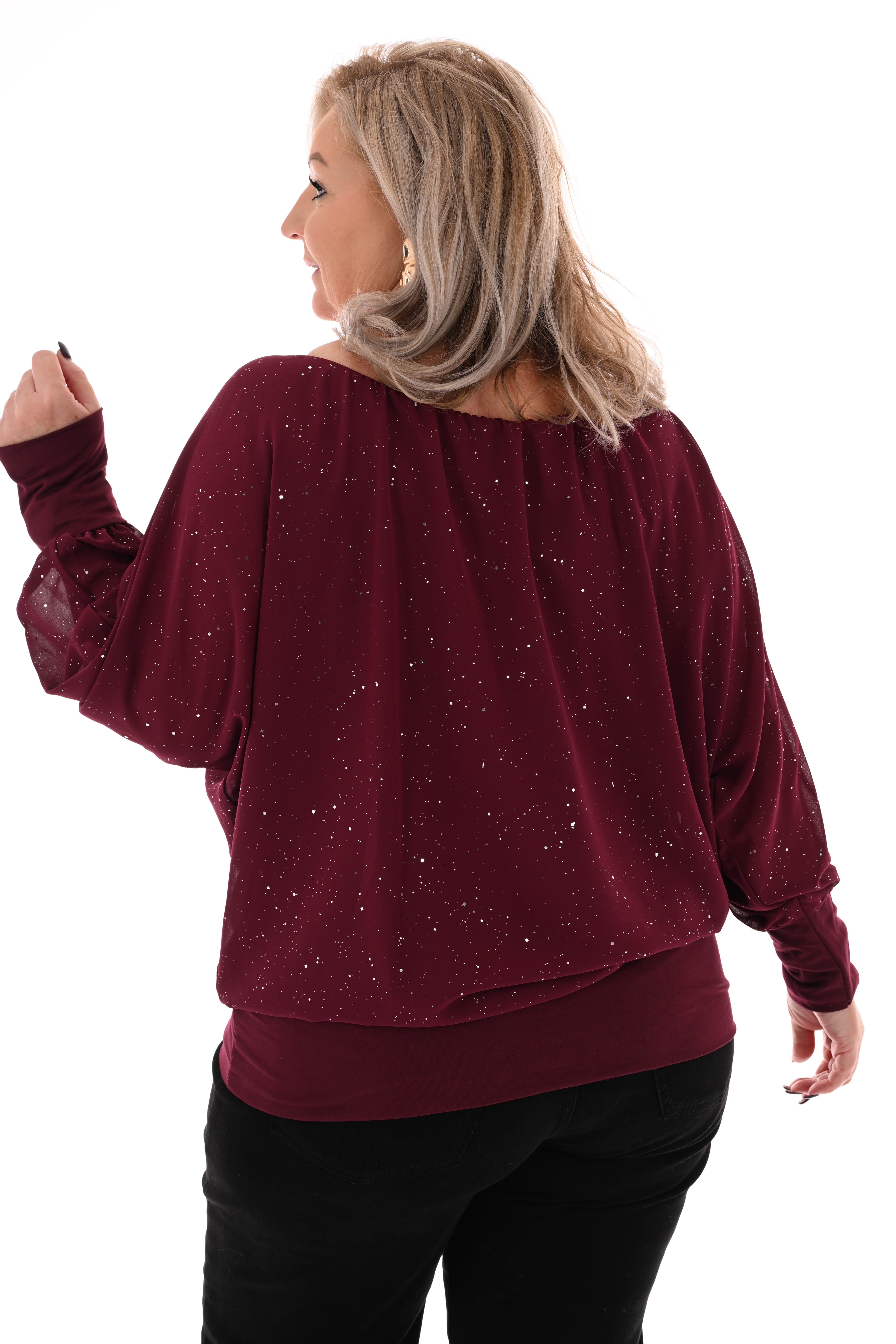 Blouse v-hals trompetmouwen bordeaux