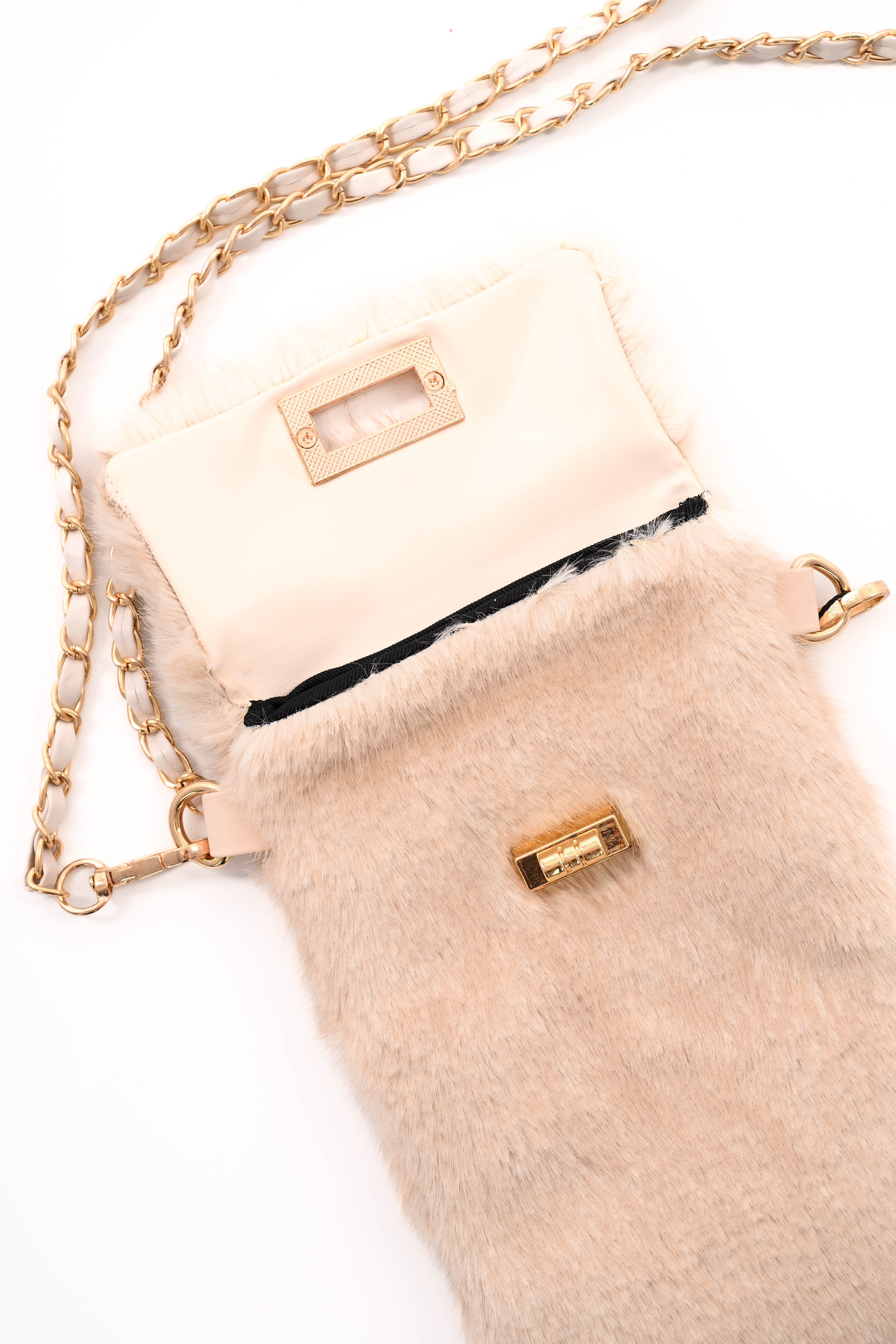 Crossbody faux fur telefoon tasje beige