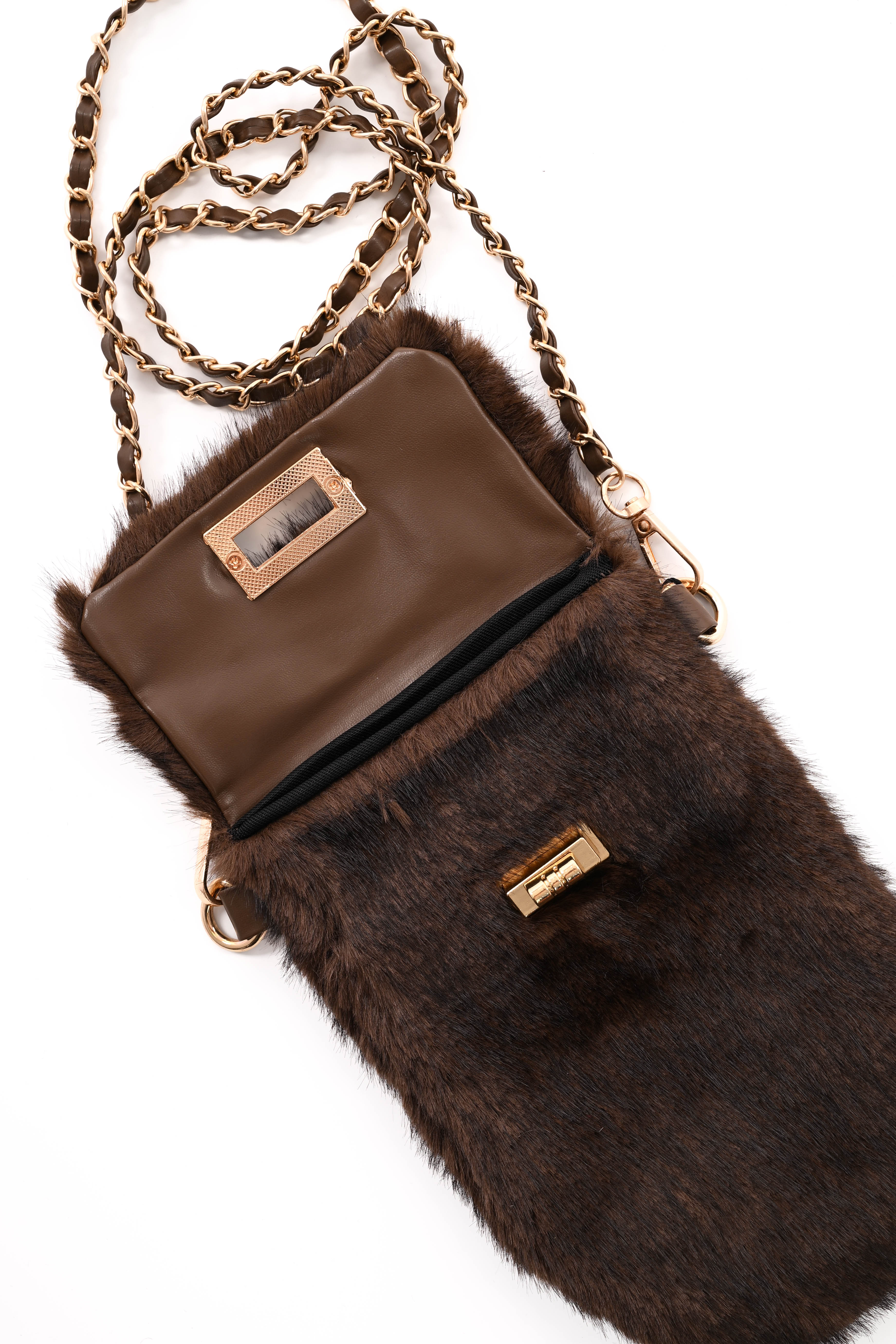 Crossbody faux fur telefoon tasje bruin