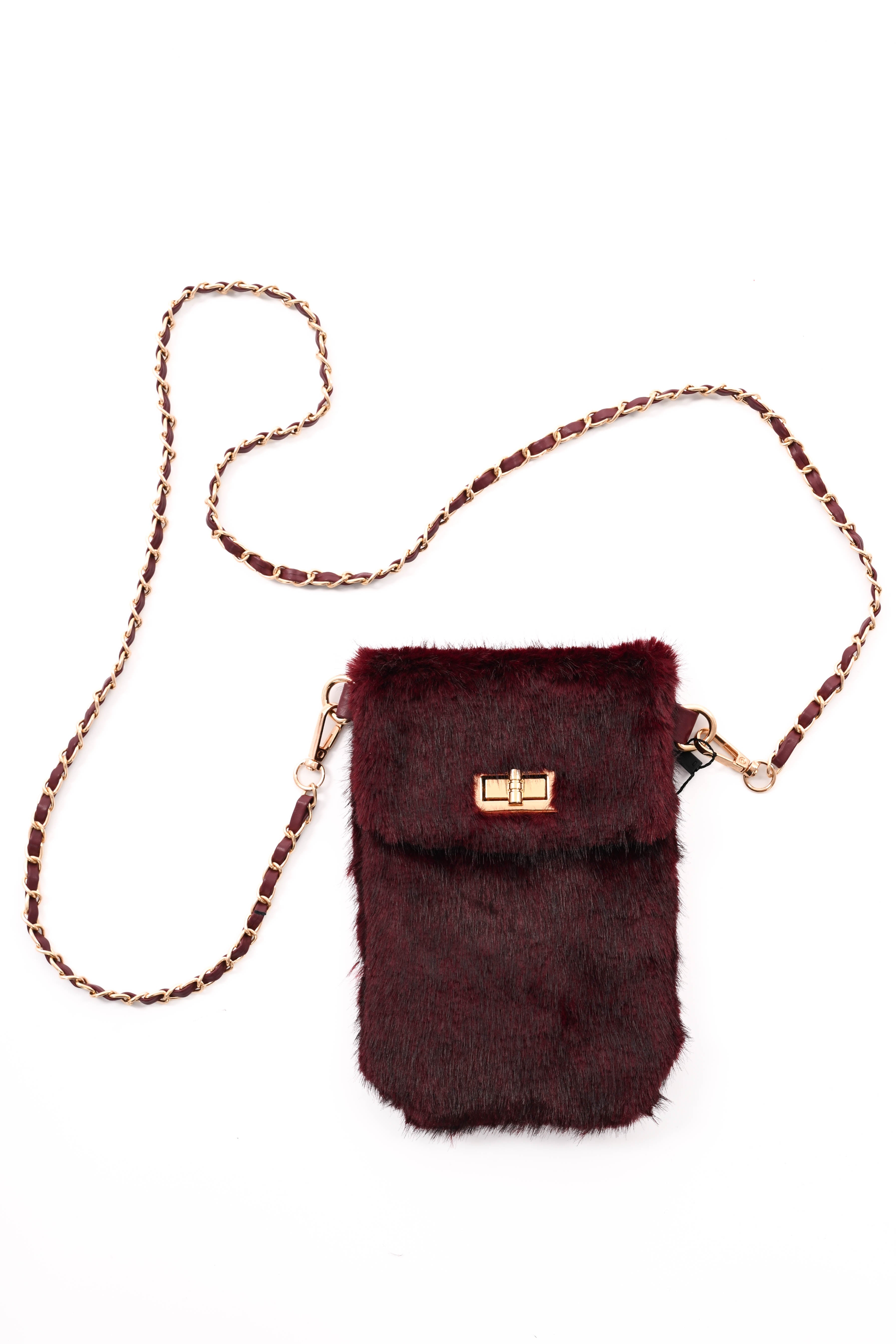 Crossbody faux fur telefoon tasje bruin