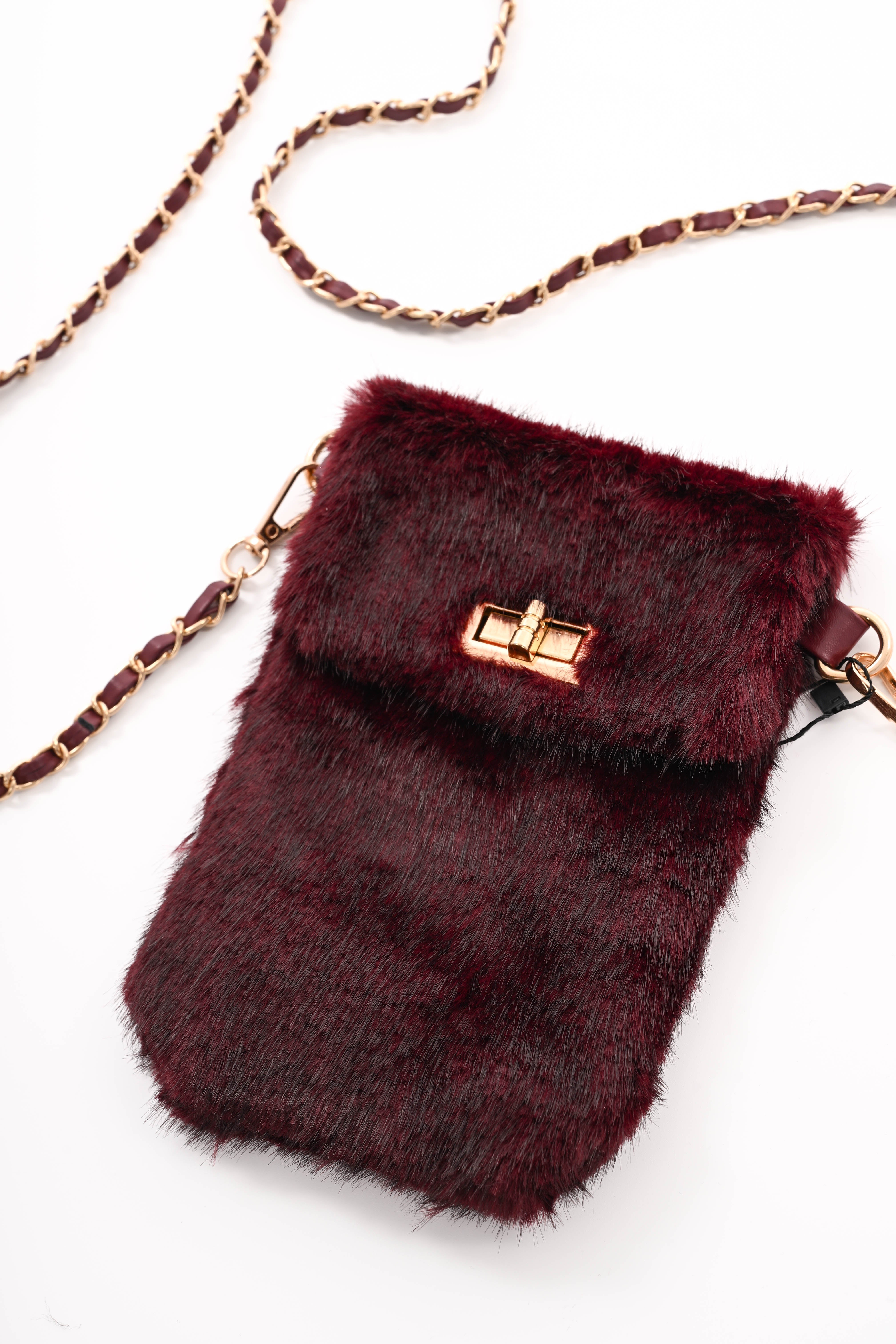 Crossbody faux fur telefoon tasje bordeaux