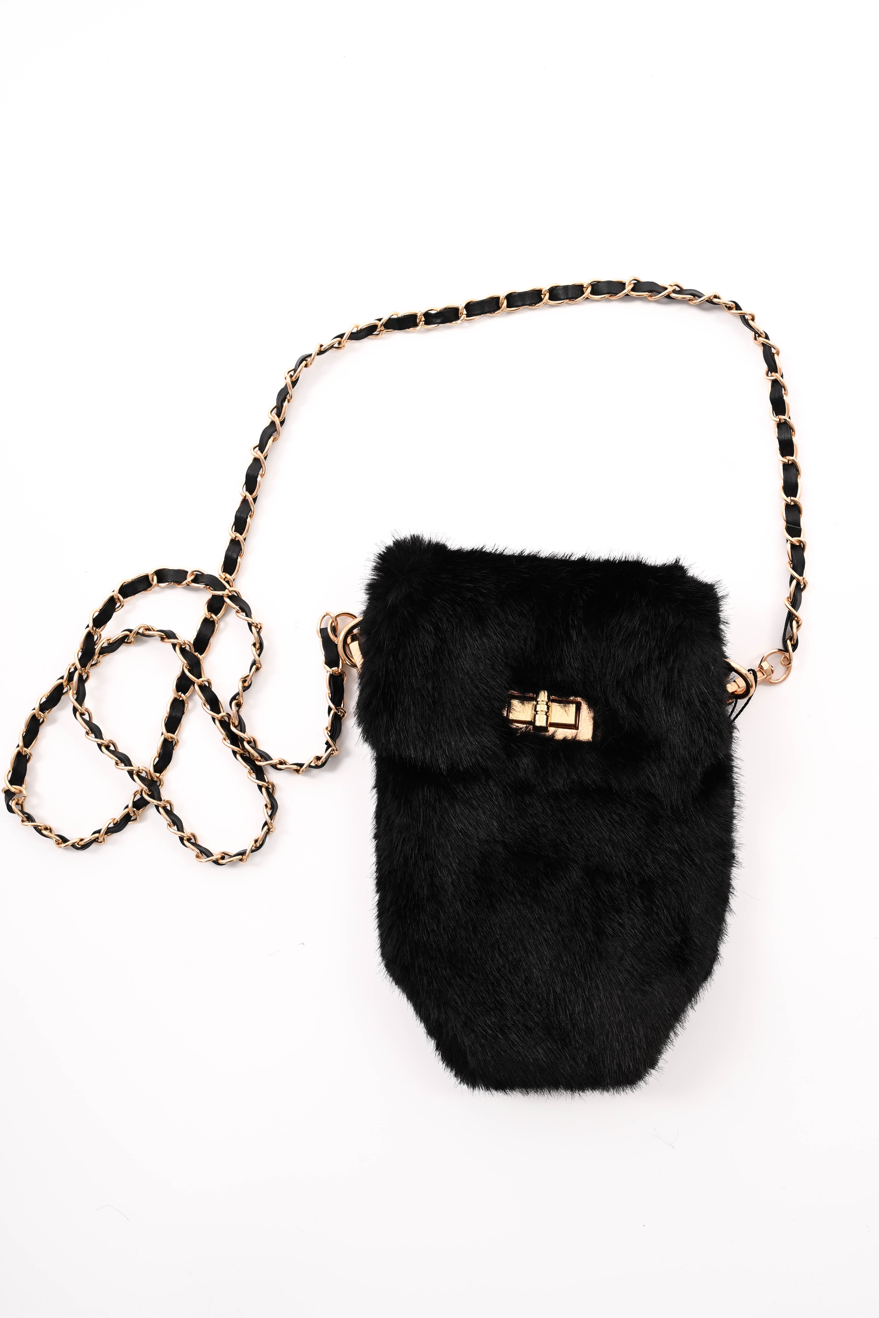 Crossbody faux fur telefoon tasje zwart