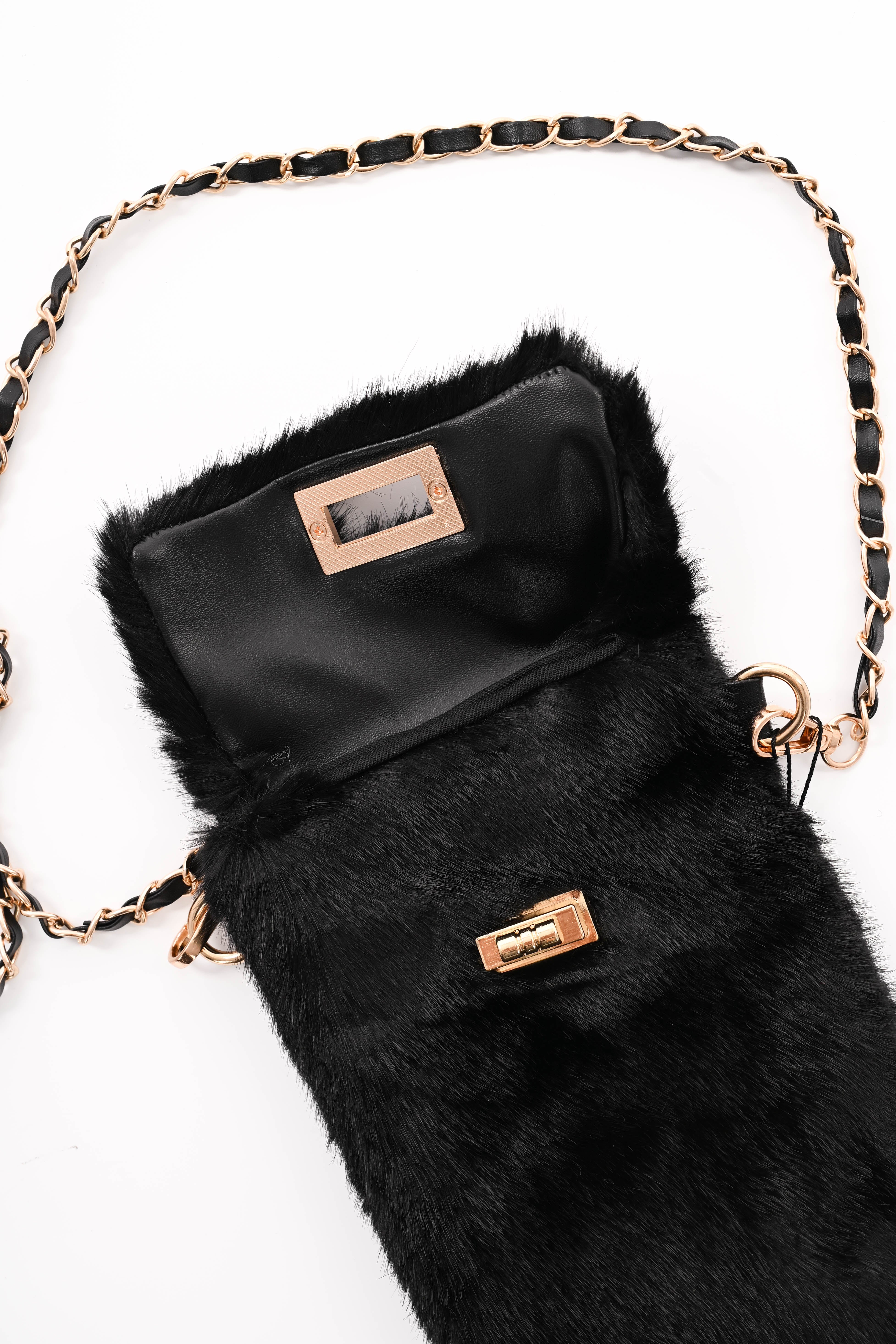 Crossbody faux fur telefoon tasje zwart