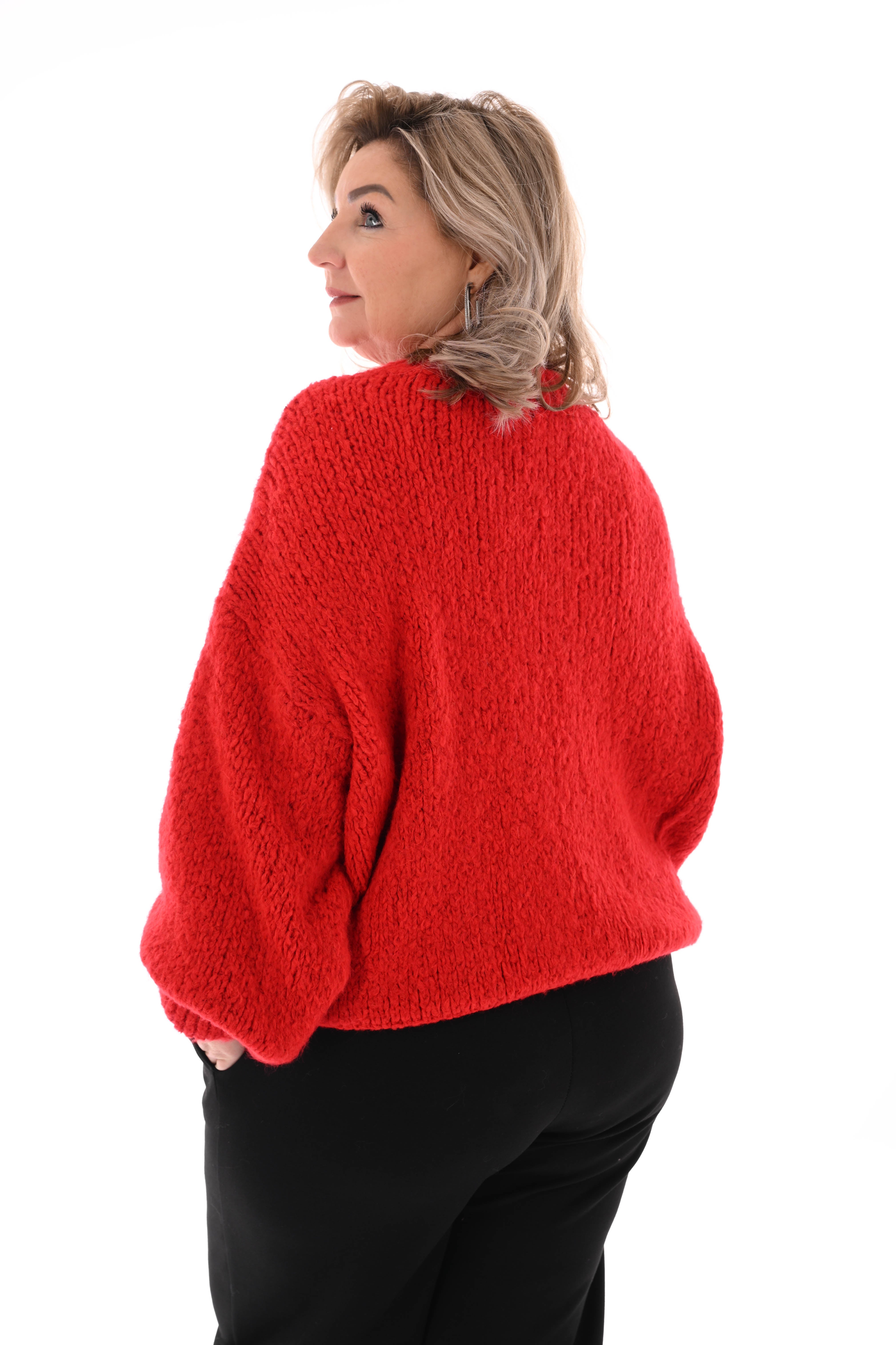 Grof gebreide trui pofmouwen rood