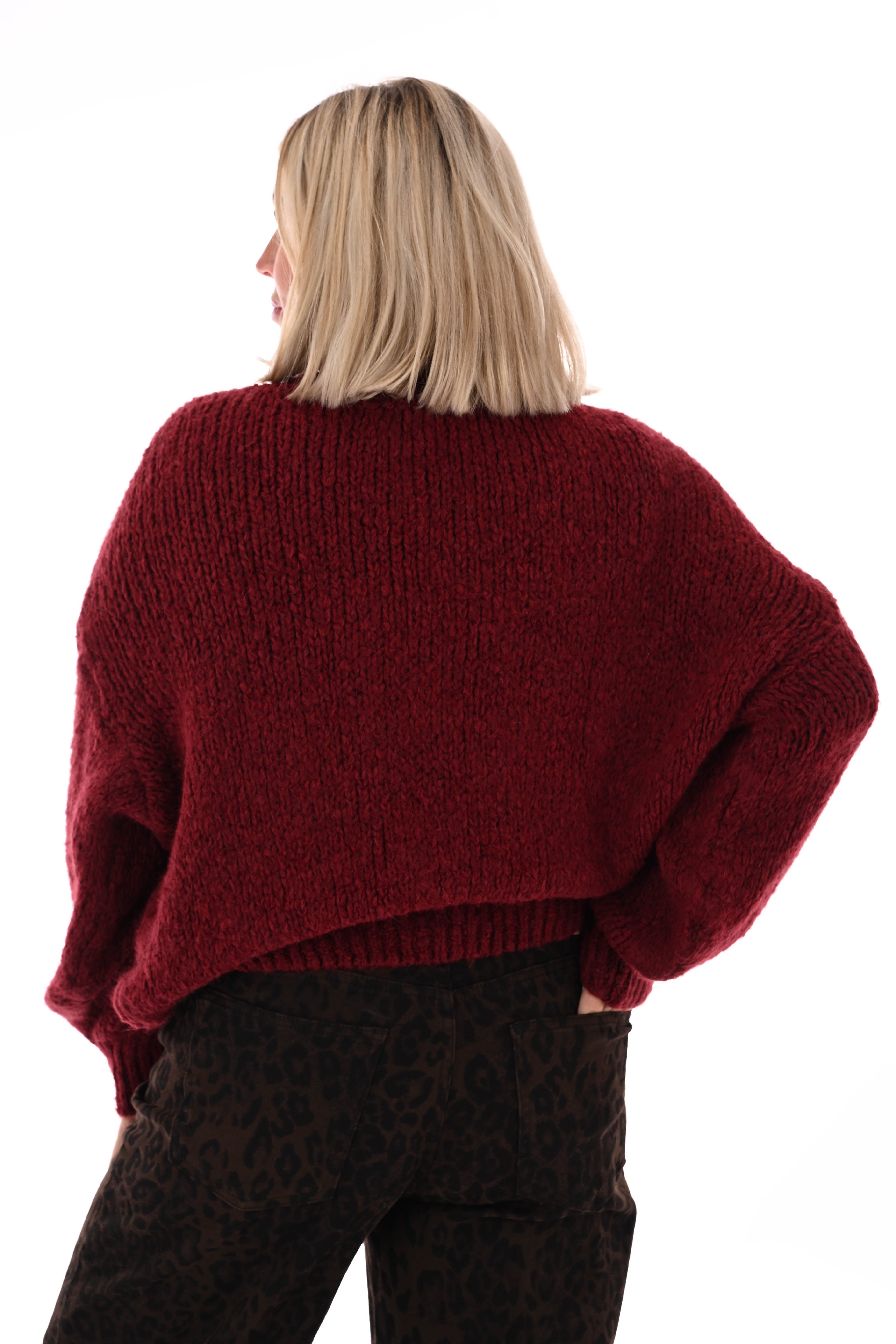 Grof gebreide trui pofmouwen bordeaux