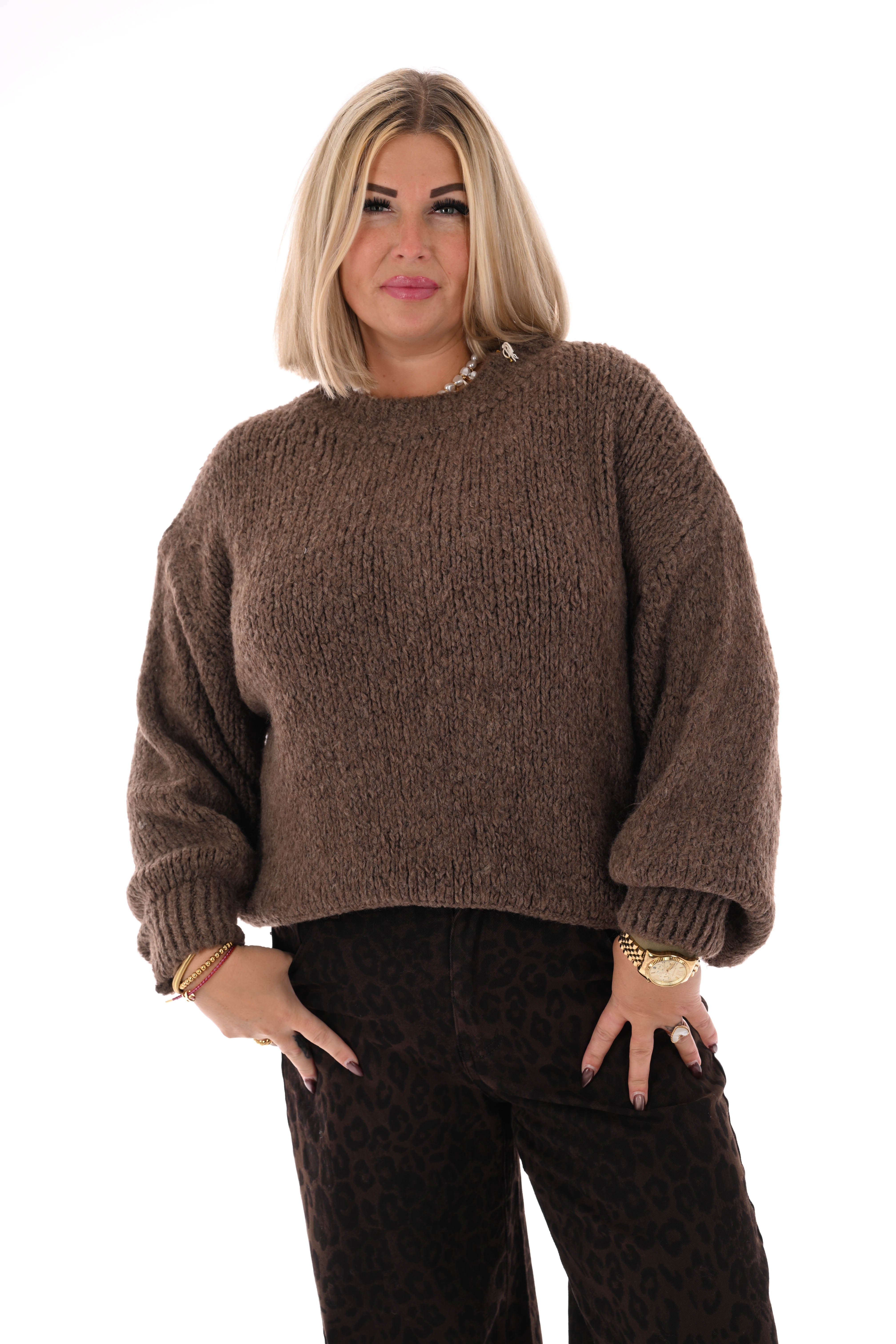 Grof gebreide trui pofmouwen lichtbruin