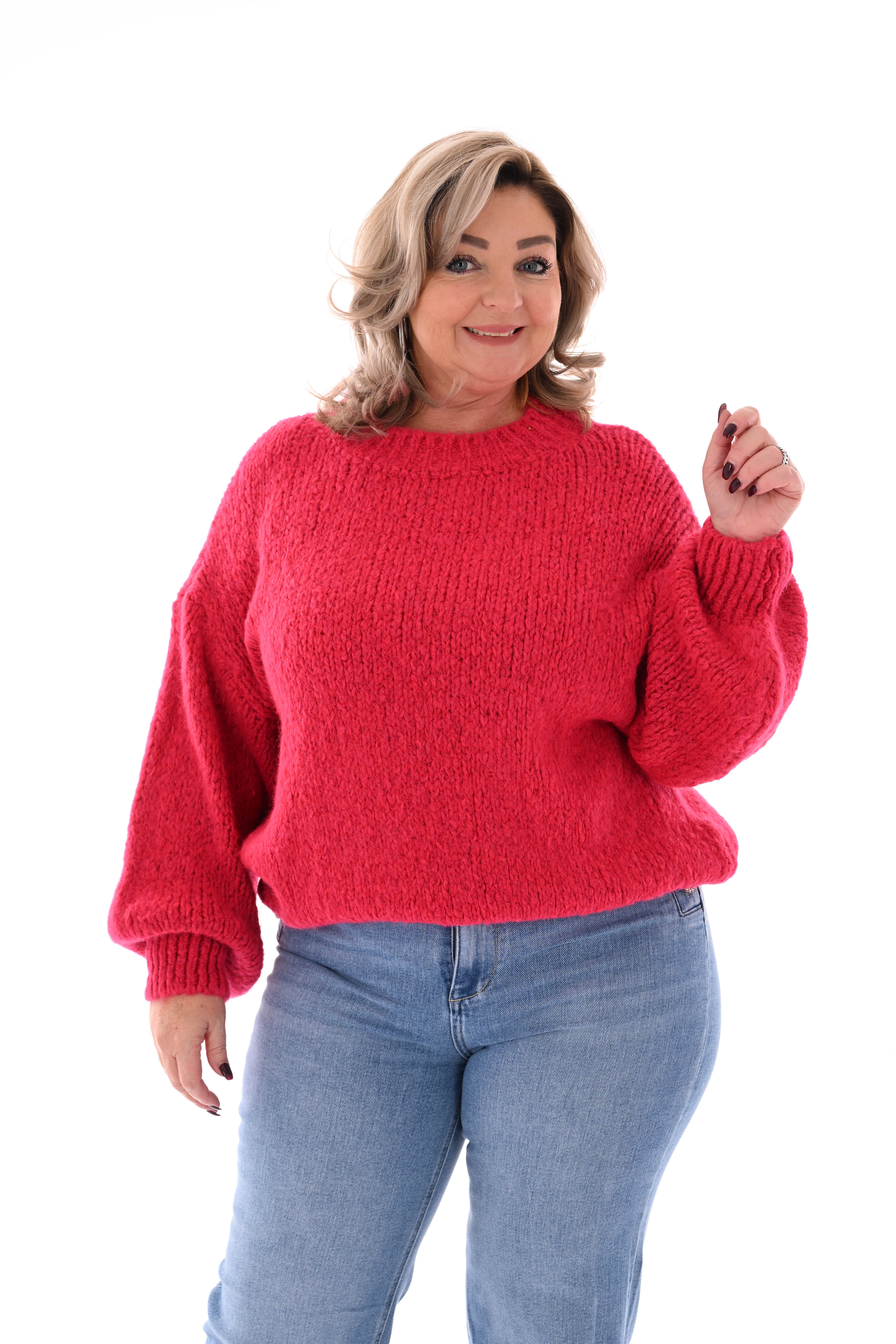Grof gebreide trui pofmouwen fuchsia
