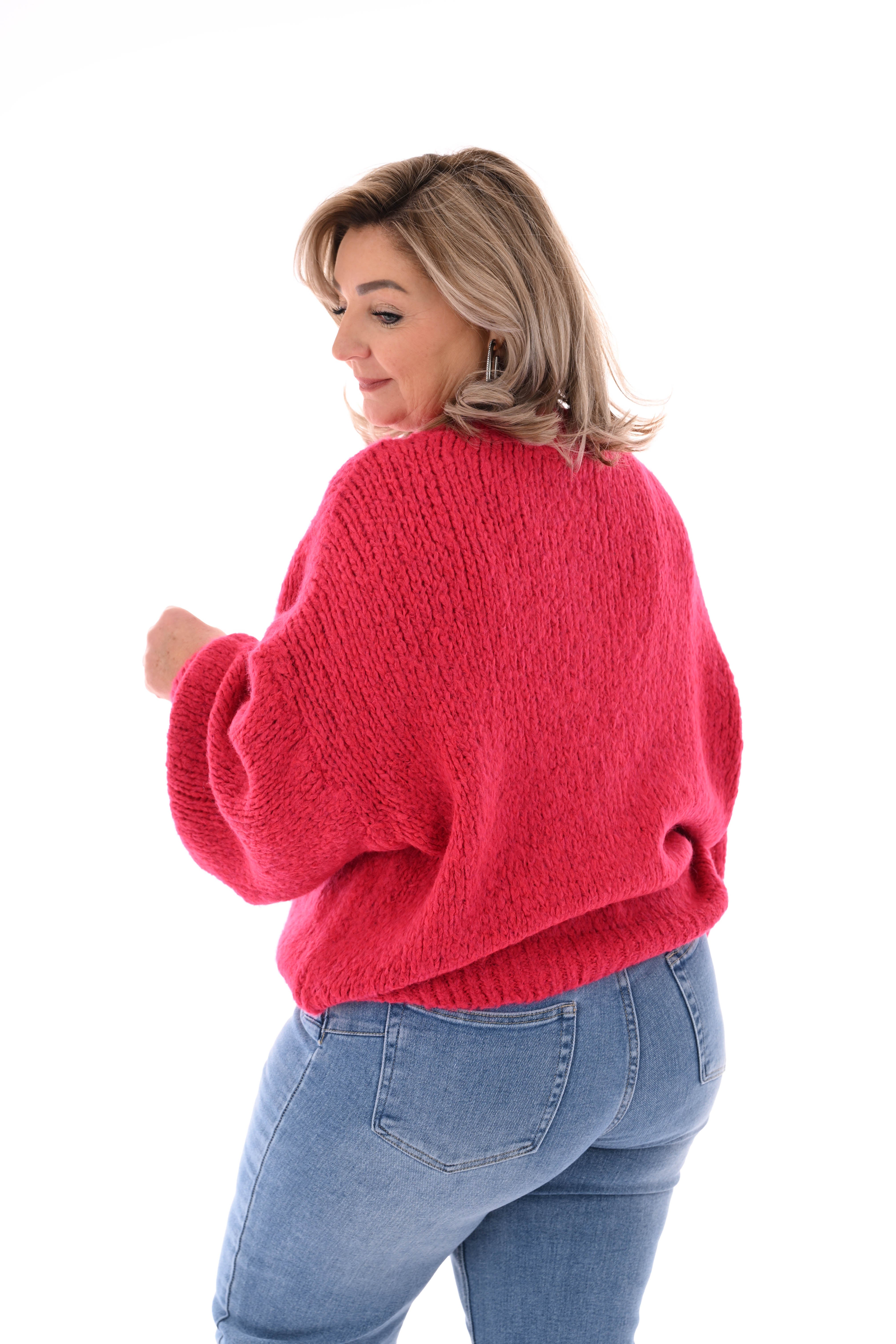 Grof gebreide trui pofmouwen fuchsia
