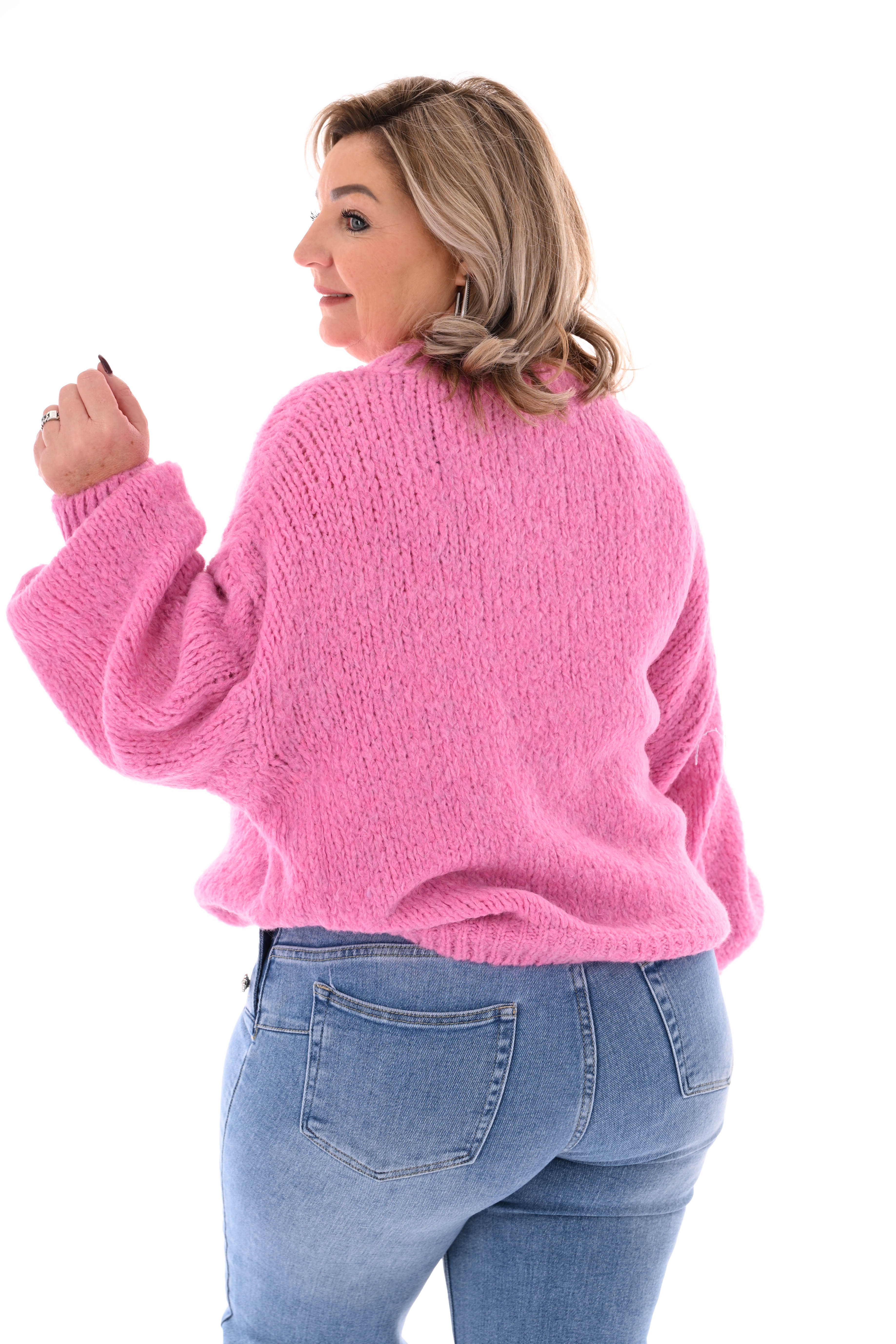 Grof gebreide trui pofmouwen roze