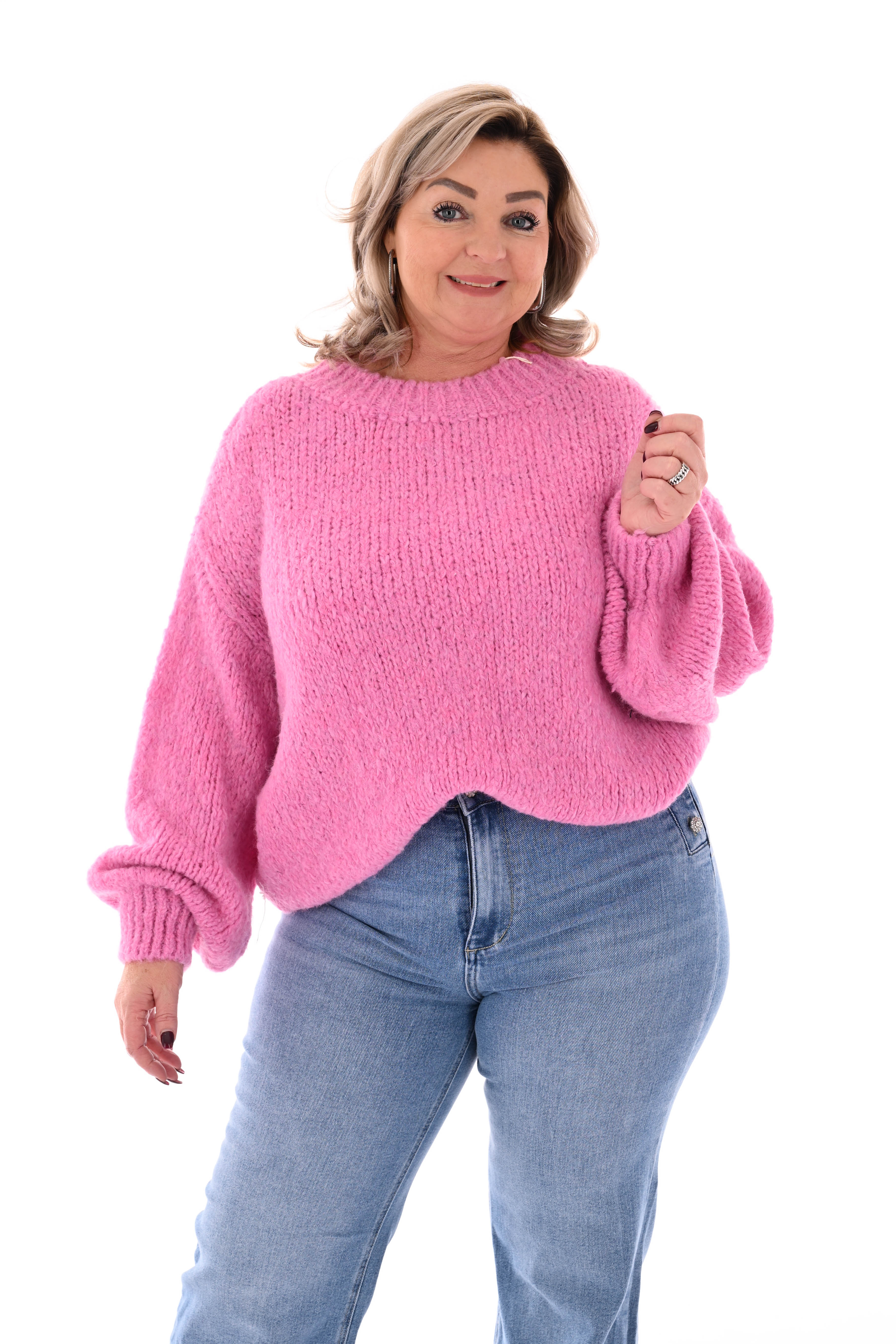 Grof gebreide trui pofmouwen roze