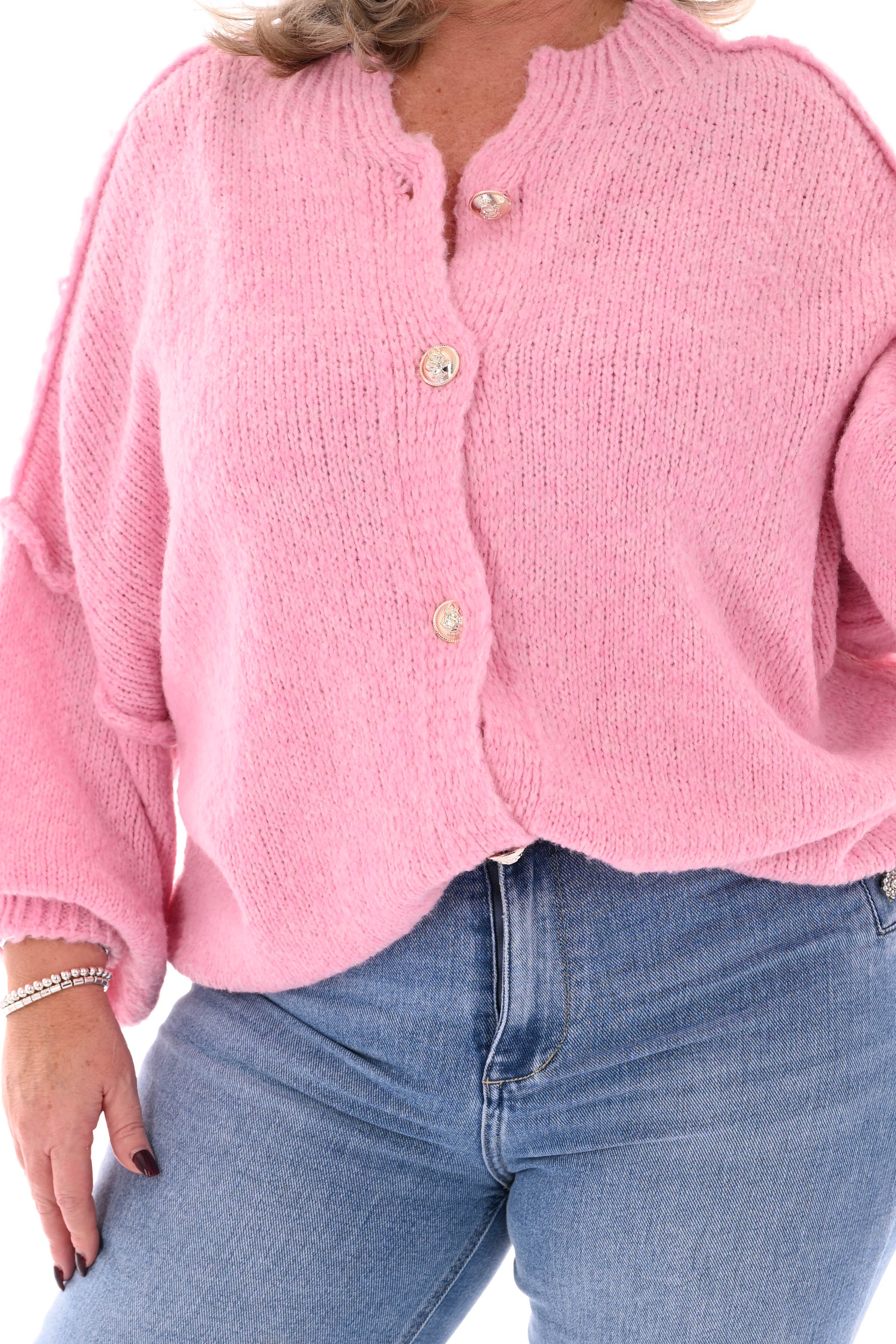 Grof gebreid vest knopen lichtroze