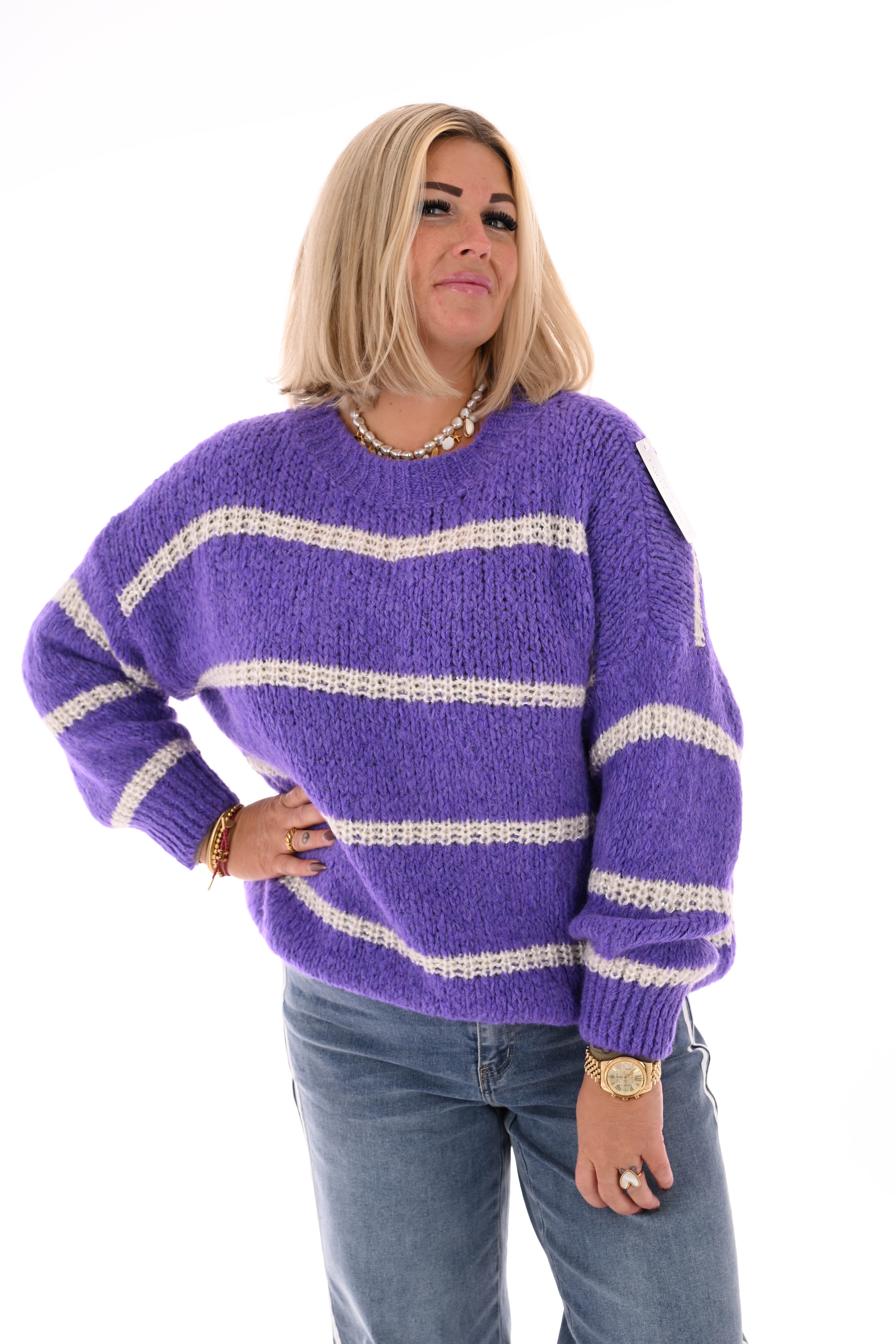 Gebreide trui lurex glitter strepen paars