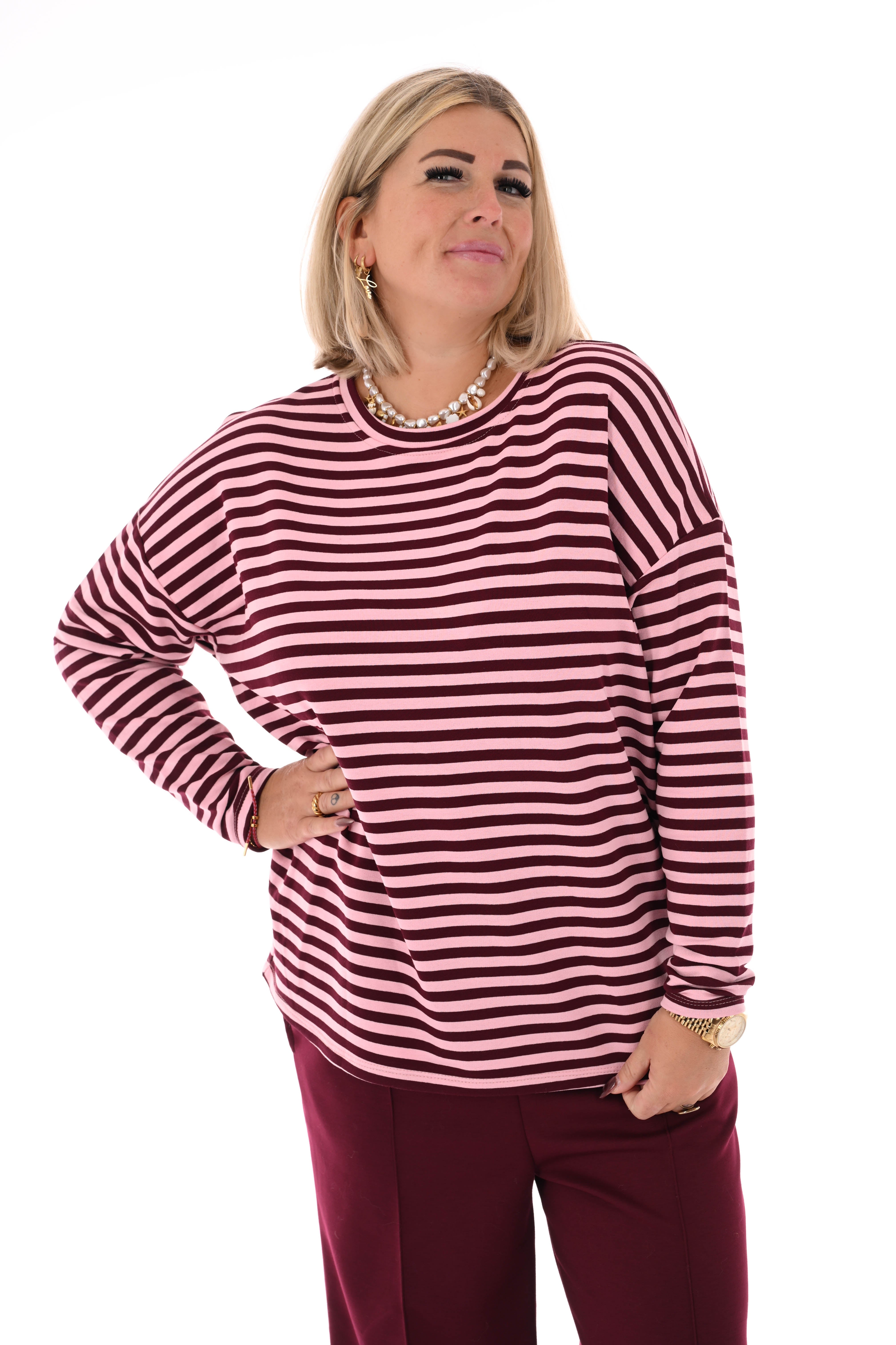 Gestreepte sweater bordeaux/ roze
