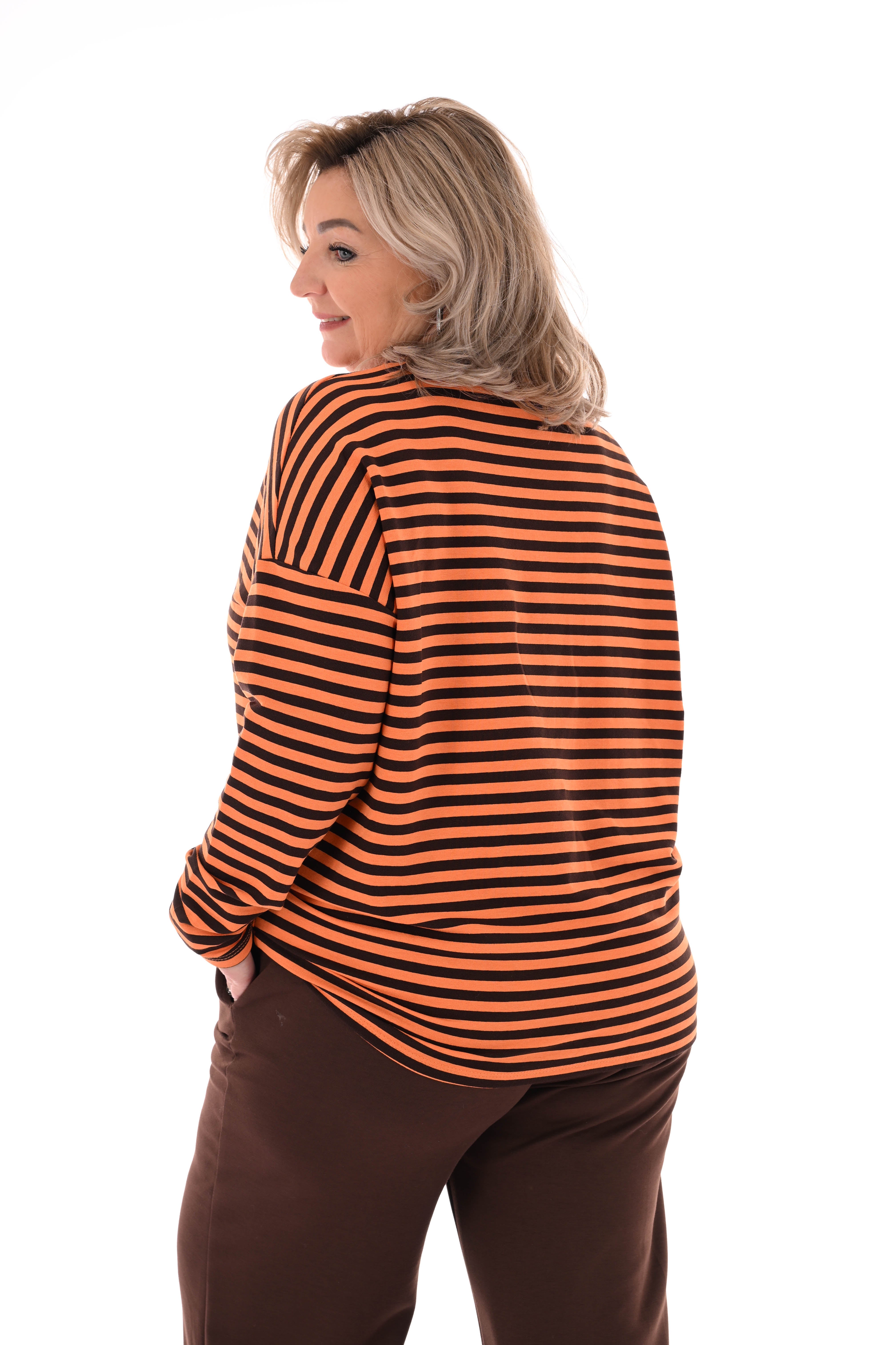 Gestreepte sweater oranje/donkerbruin