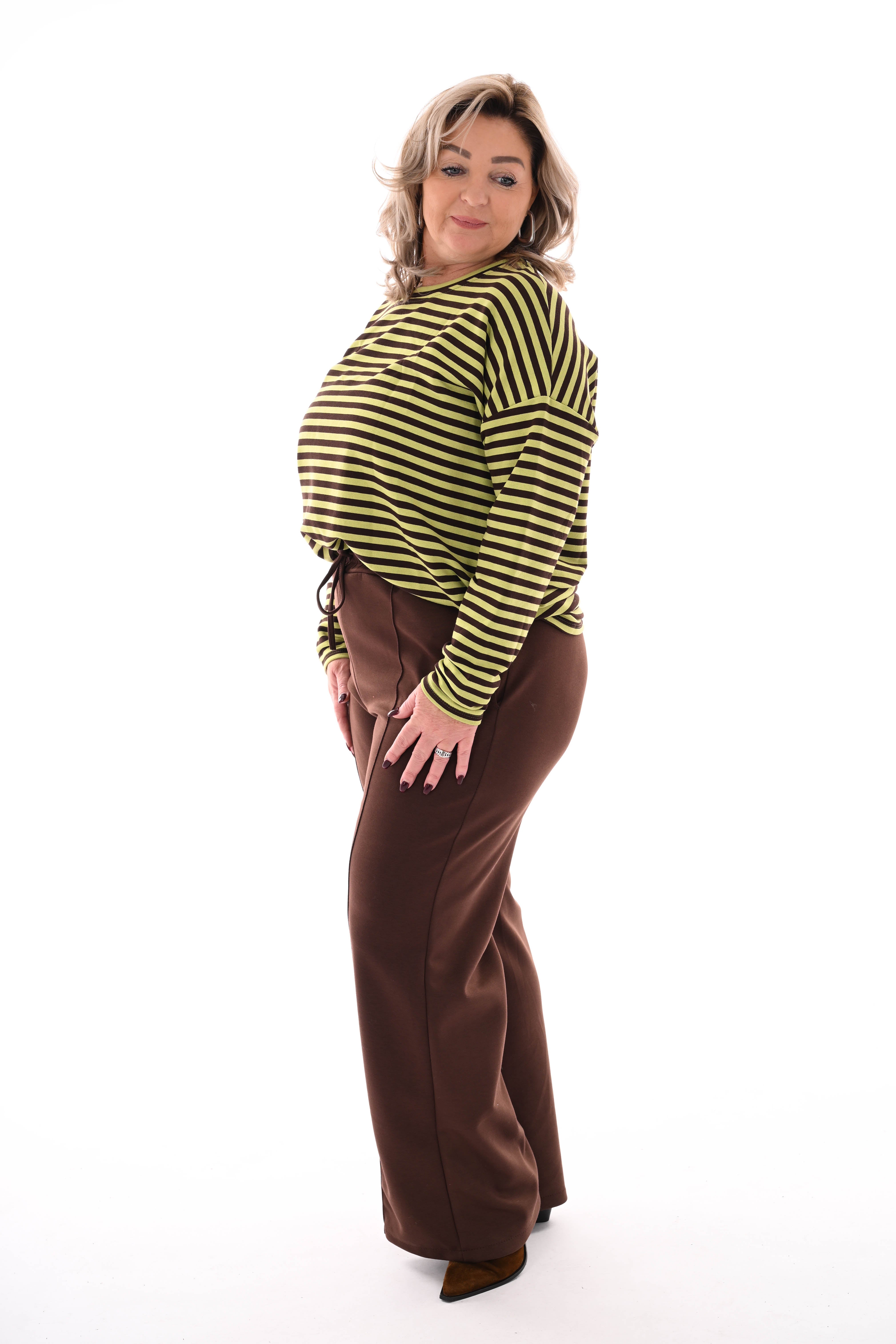 Gestreepte sweater donkerbruin/ pistache