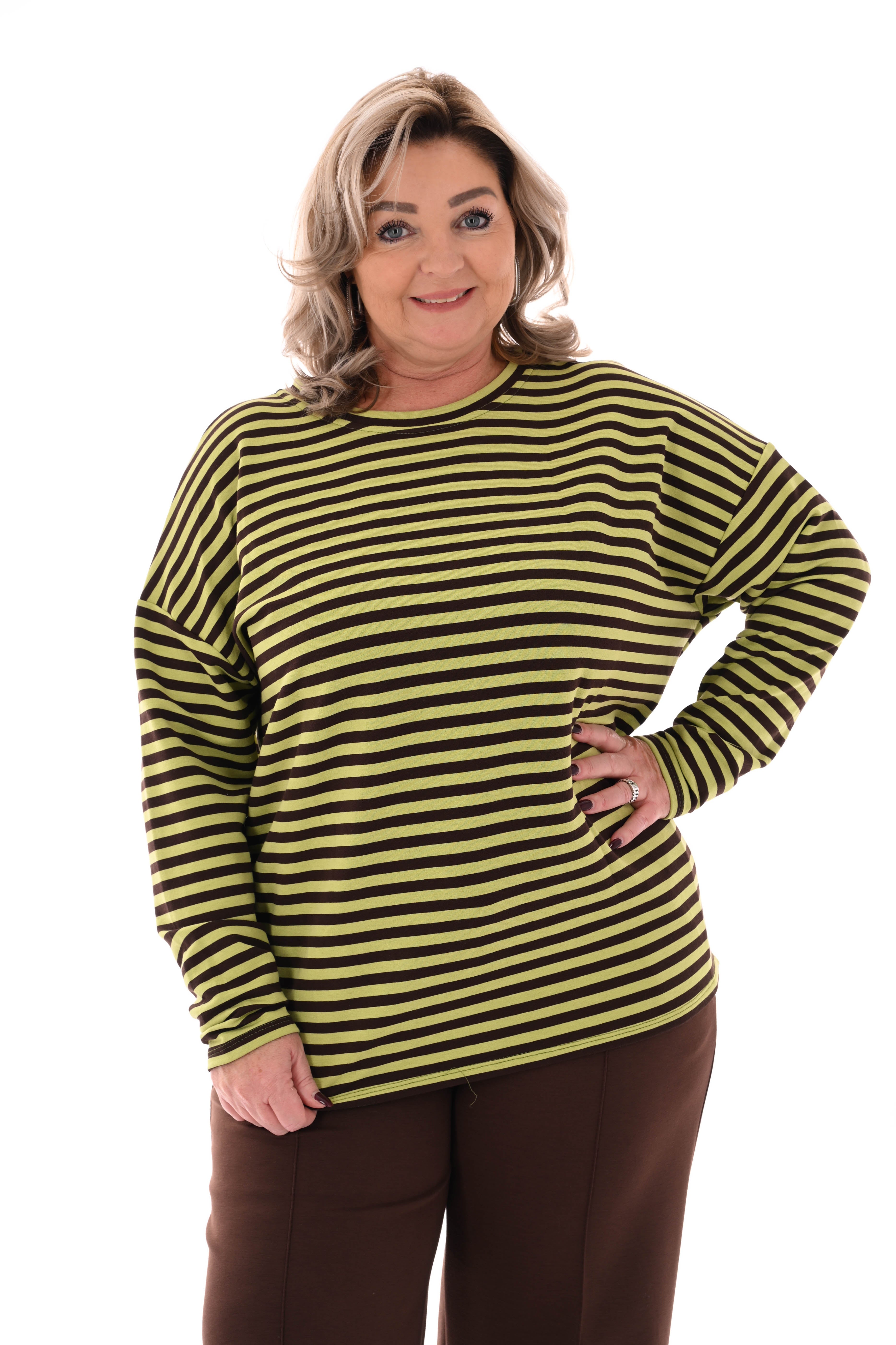 Gestreepte sweater donkerbruin/ pistache