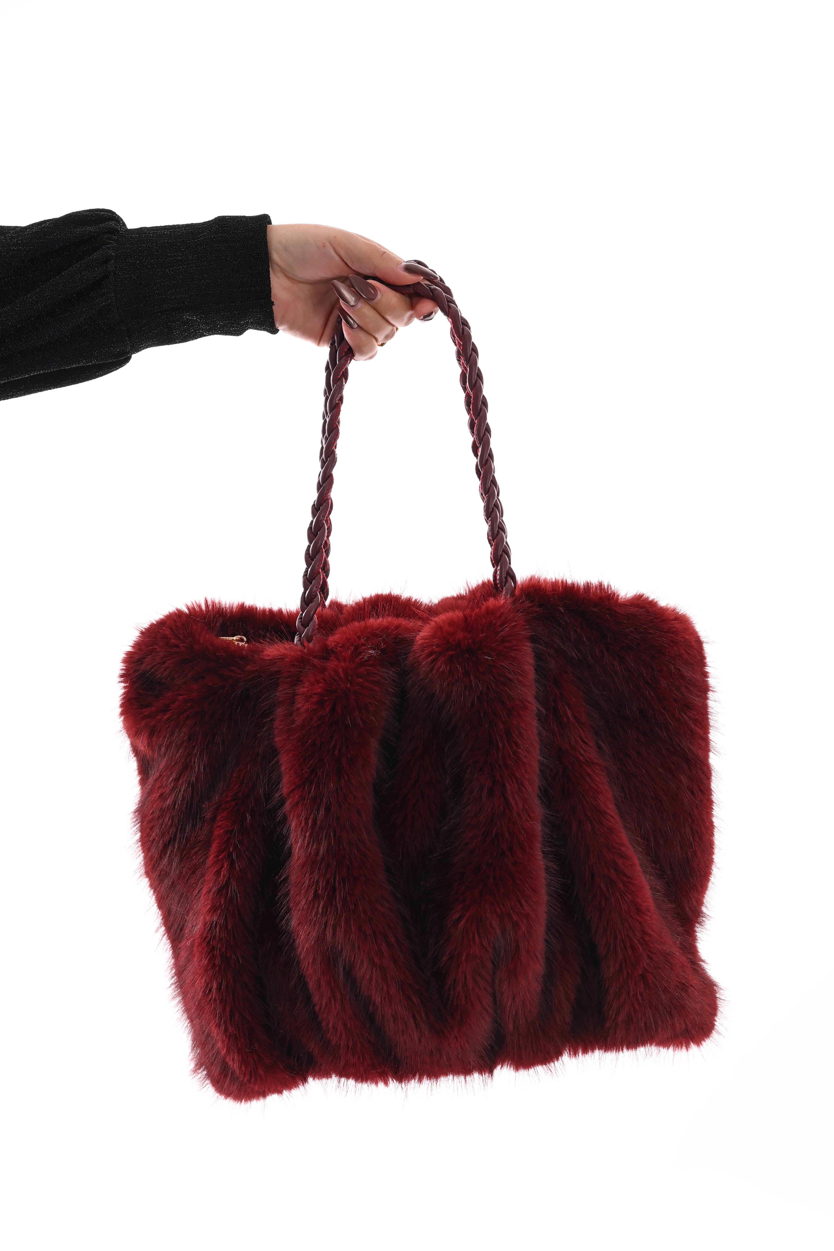 Handtas faux fur dun gevlochten handvat bordeaux