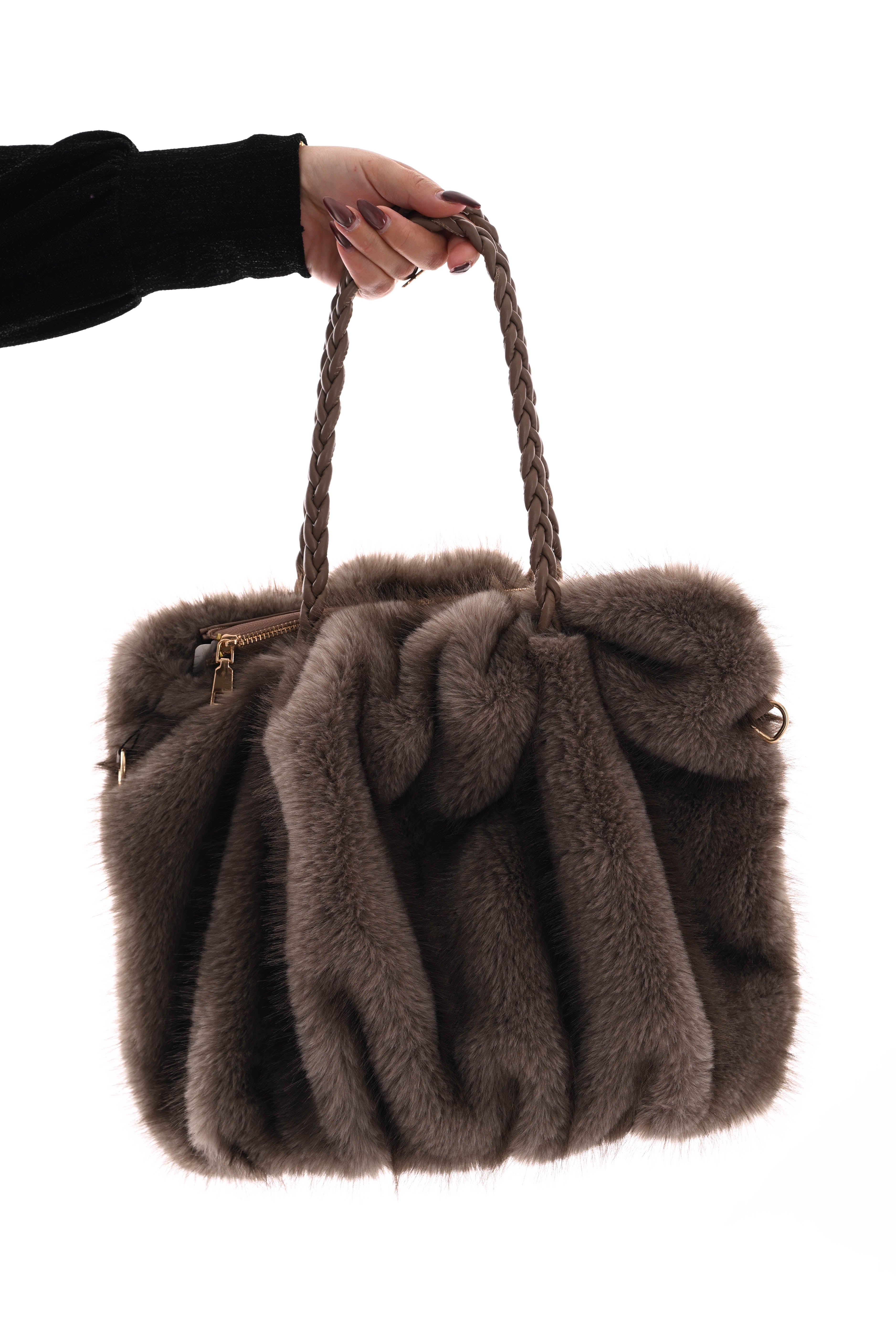 Handtas faux fur dun gevlochten handvat taupe