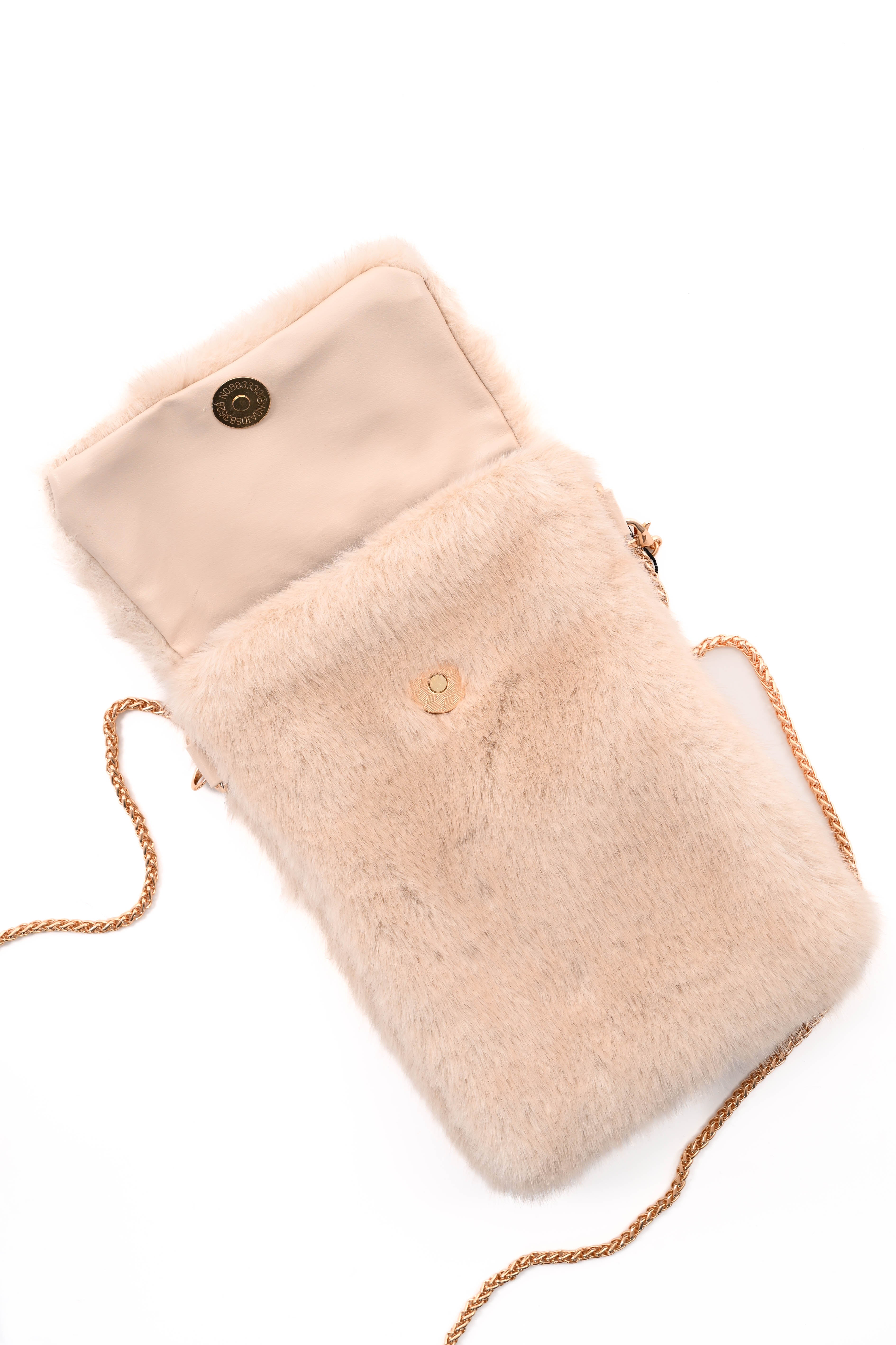 Crossbody faux fur vierkant telefoon tasje beige