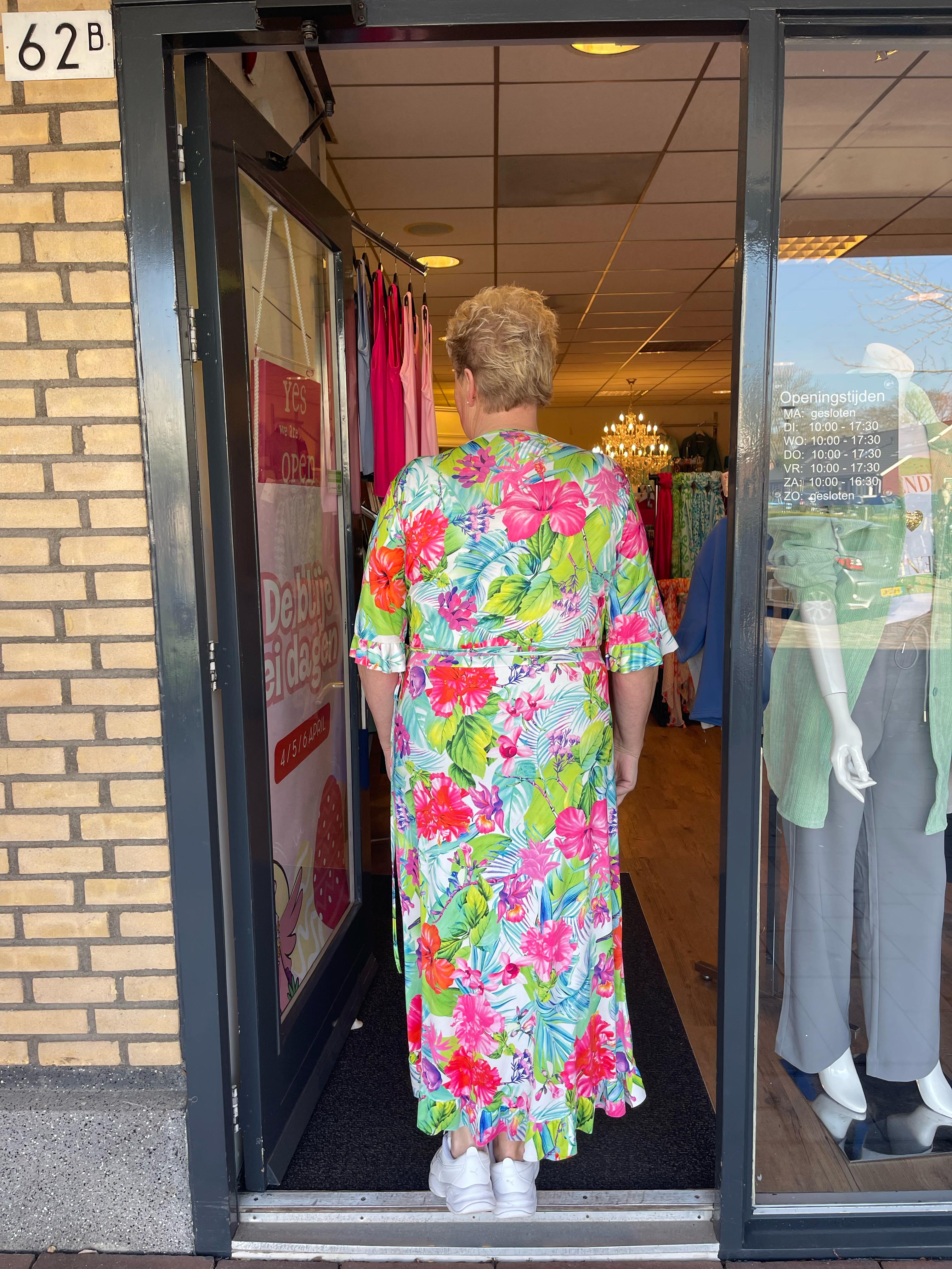 Lange wikkeljurk tropical roze/groen