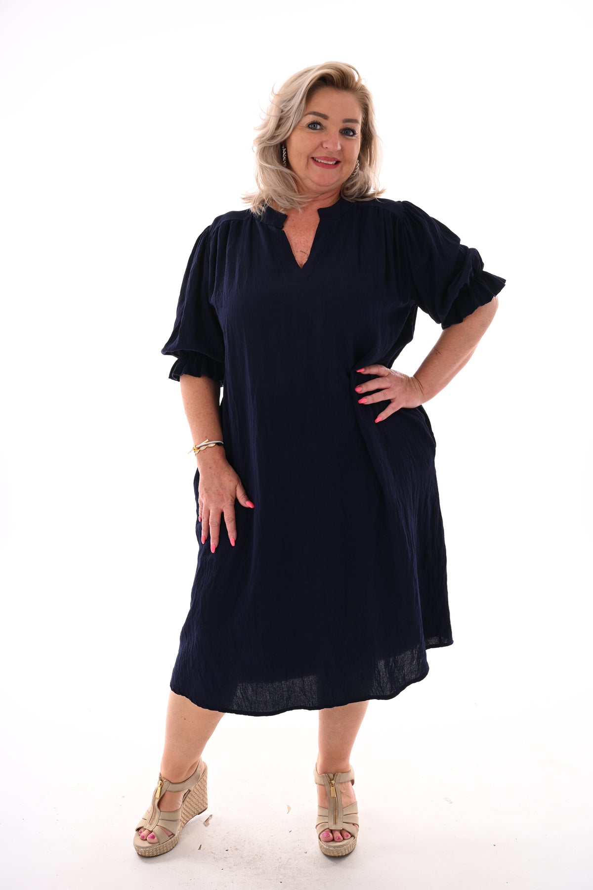 Jurk korte roezelmouwen uni marineblauw