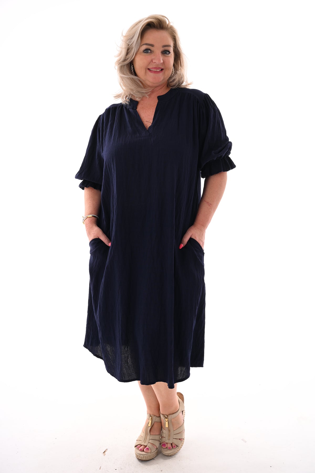 Jurk korte roezelmouwen uni marineblauw