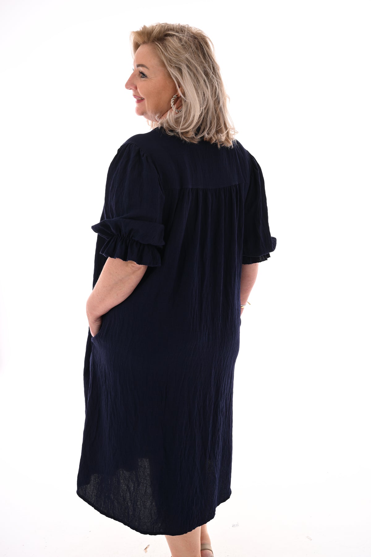 Jurk korte roezelmouwen uni marineblauw
