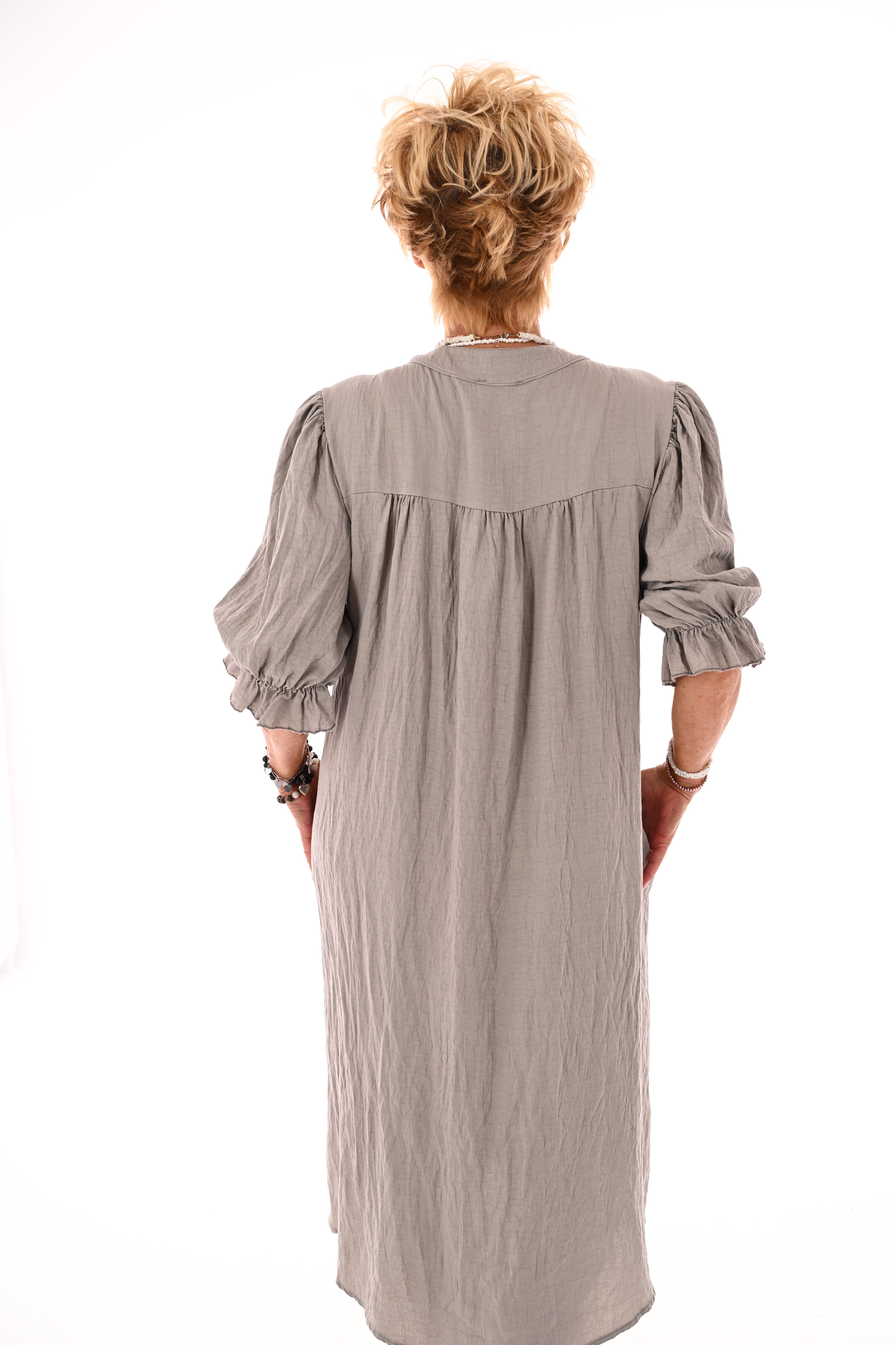Jurk korte roezelmouwen uni taupe