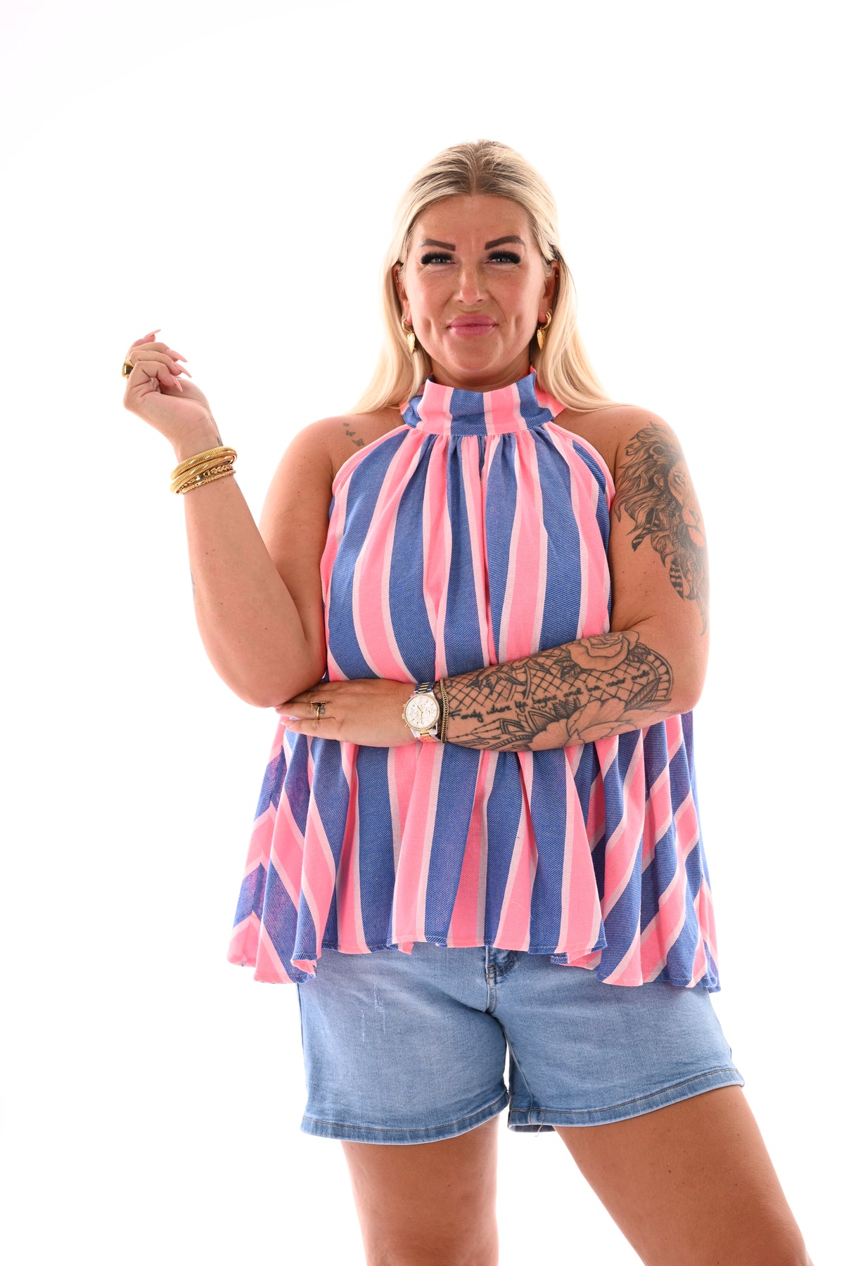 Halter top strepen blauw/felroze